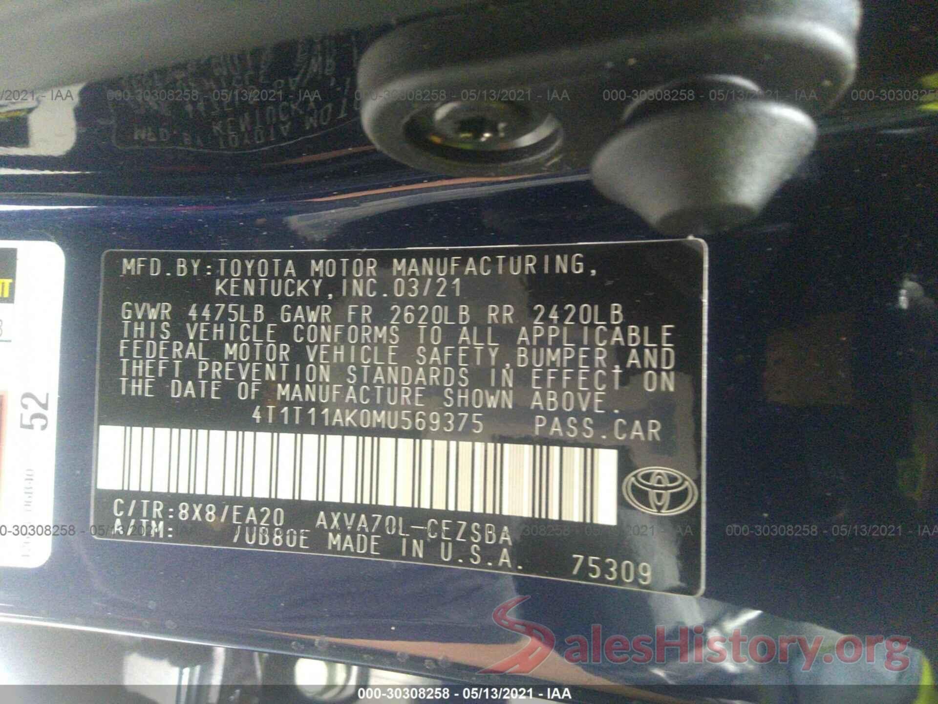 4T1T11AK0MU569375 2021 TOYOTA CAMRY