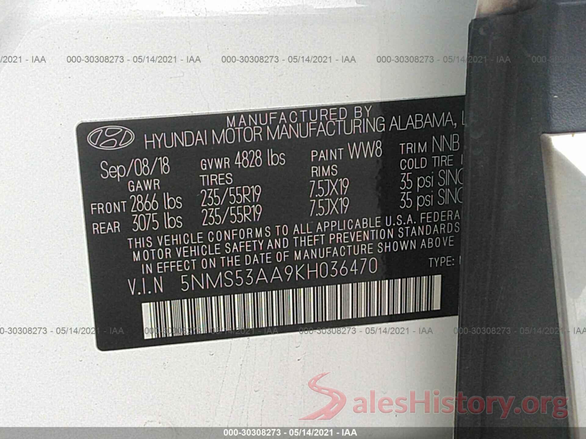 5NMS53AA9KH036470 2019 HYUNDAI SANTA FE