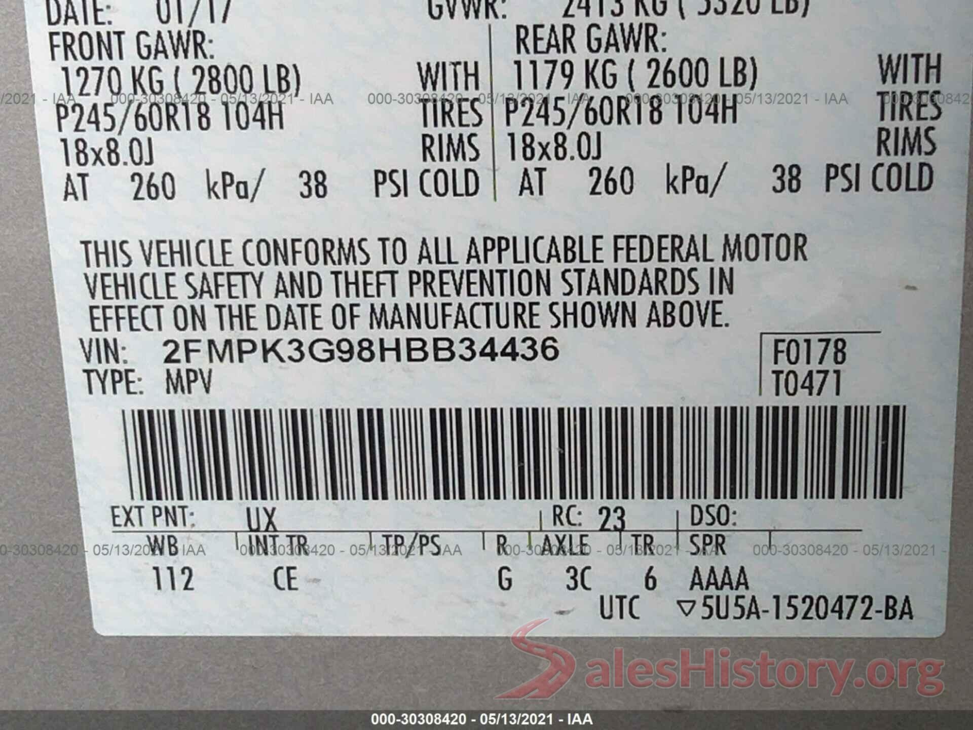 2FMPK3G98HBB34436 2017 FORD EDGE