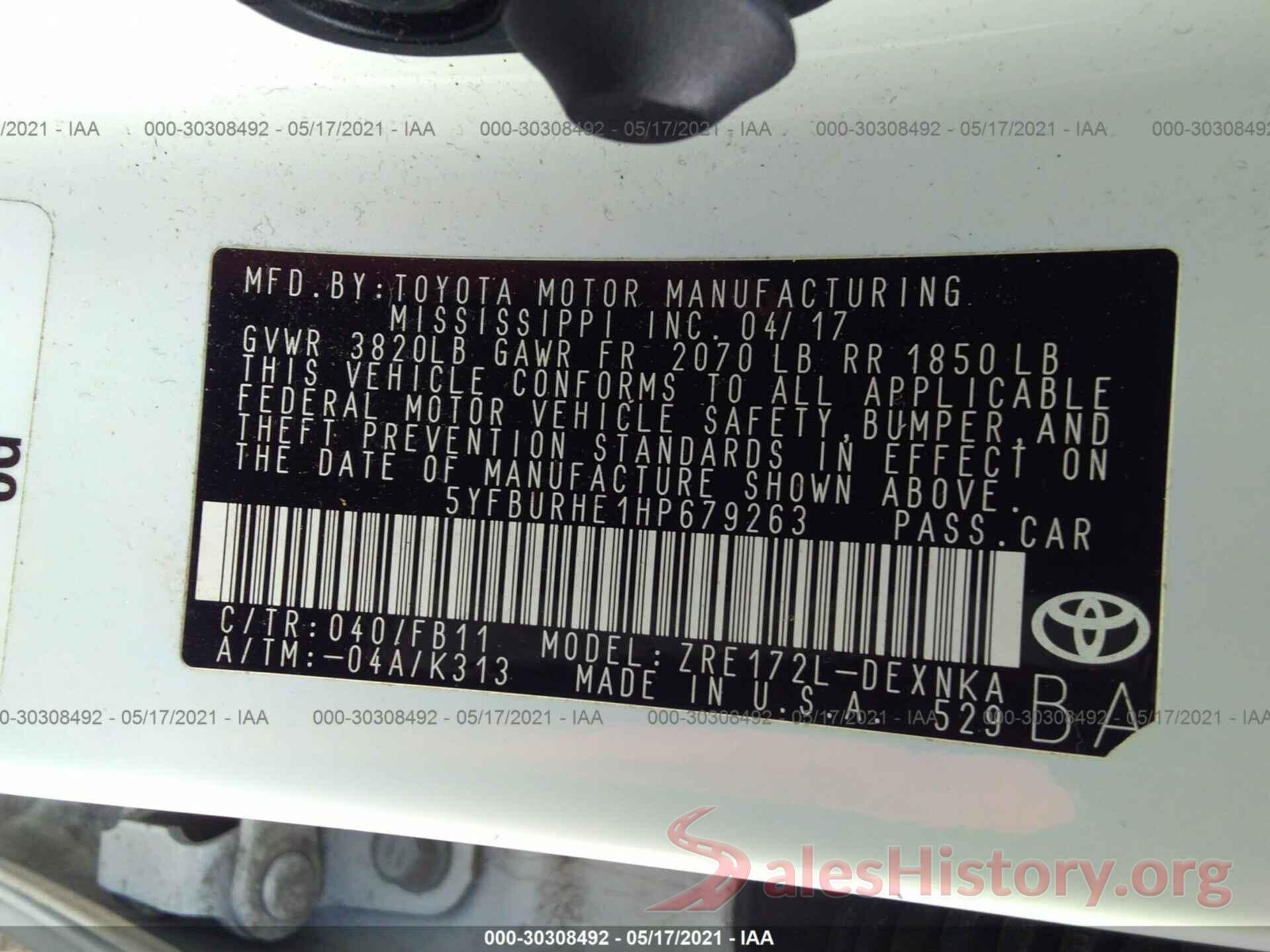 5YFBURHE1HP679263 2017 TOYOTA COROLLA