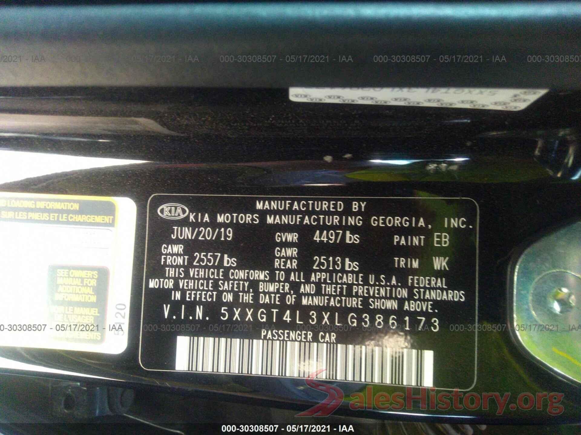 5XXGT4L3XLG386173 2020 KIA OPTIMA