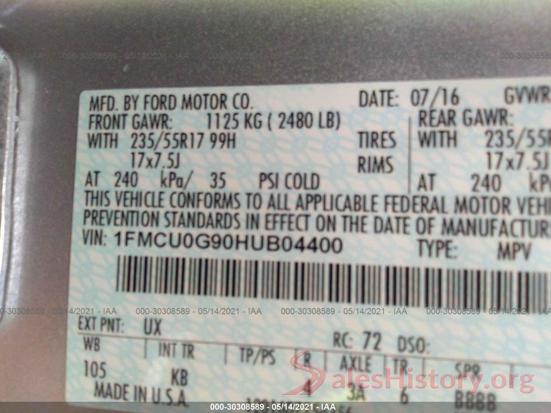 1FMCU0G90HUB04400 2017 FORD ESCAPE