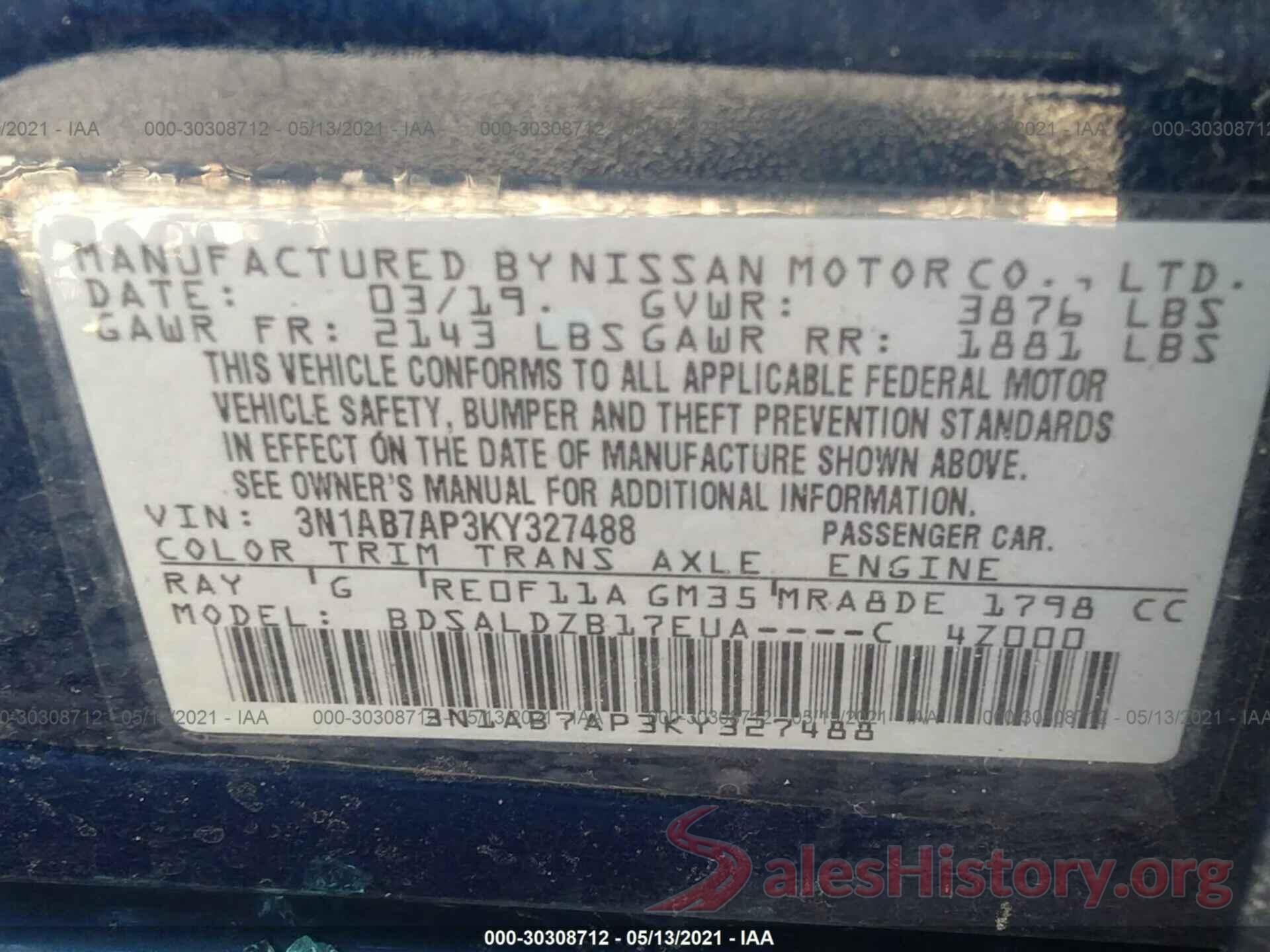 3N1AB7AP3KY327488 2019 NISSAN SENTRA