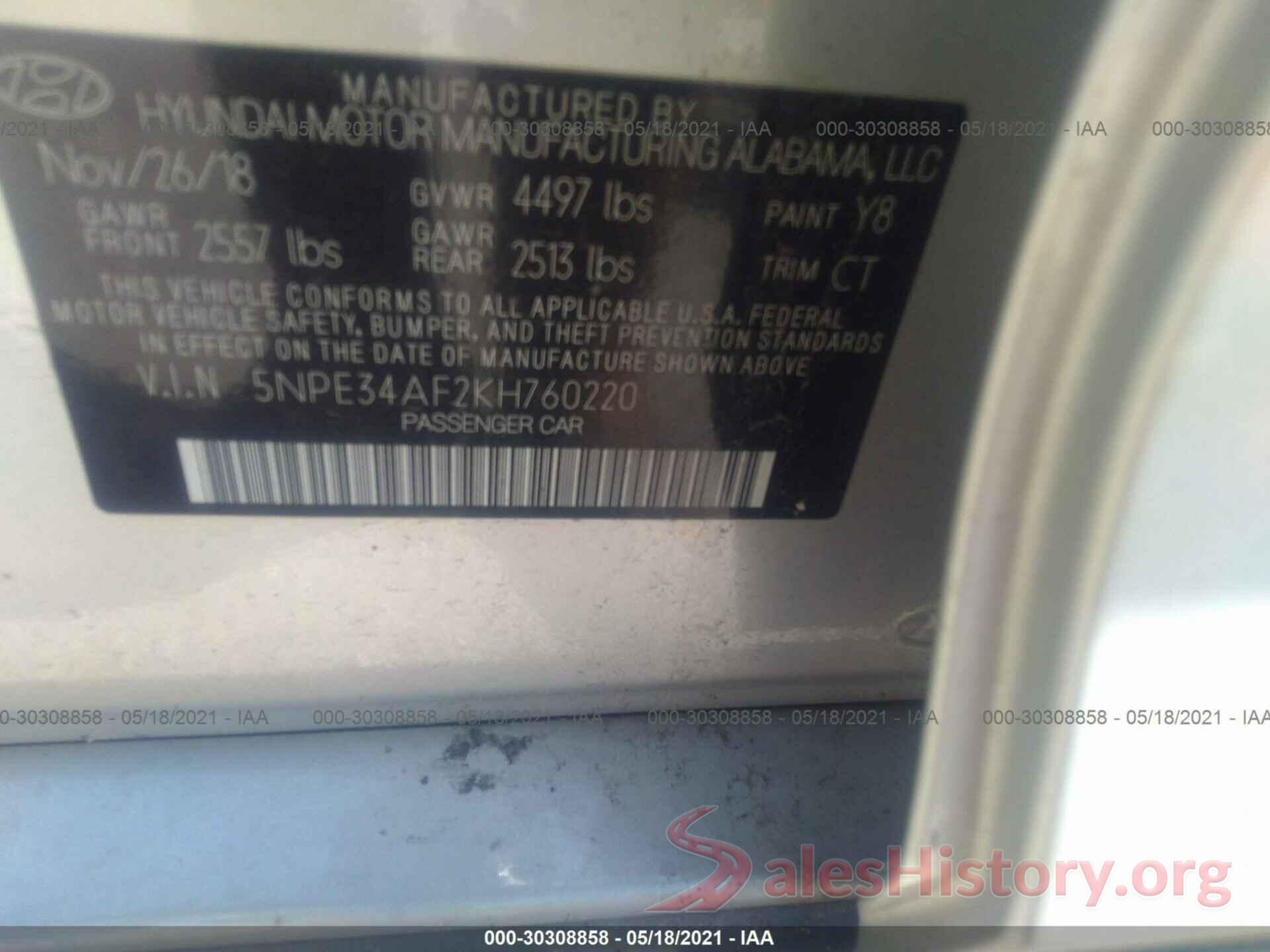 5NPE34AF2KH760220 2019 HYUNDAI SONATA