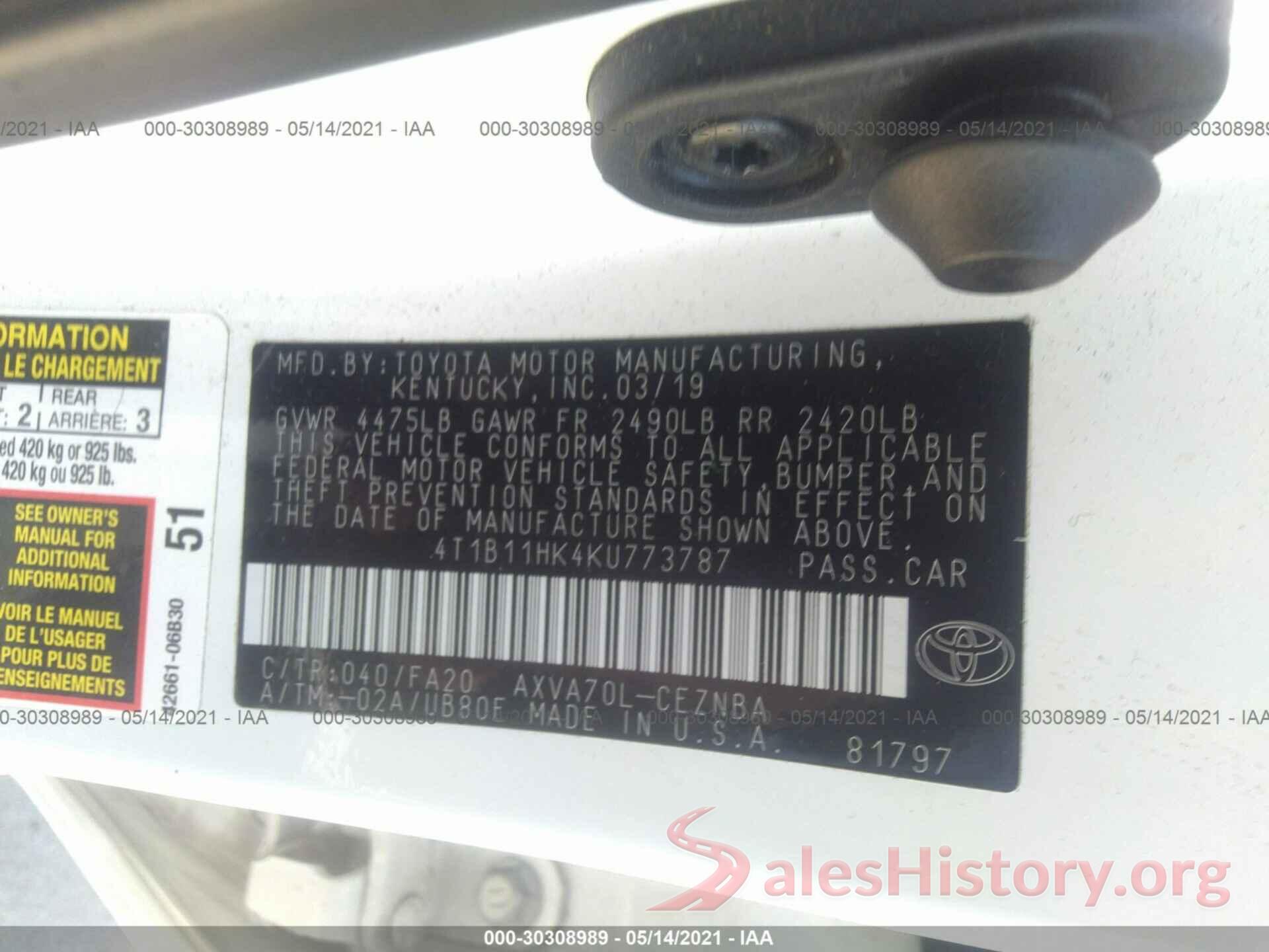 4T1B11HK4KU773787 2019 TOYOTA CAMRY