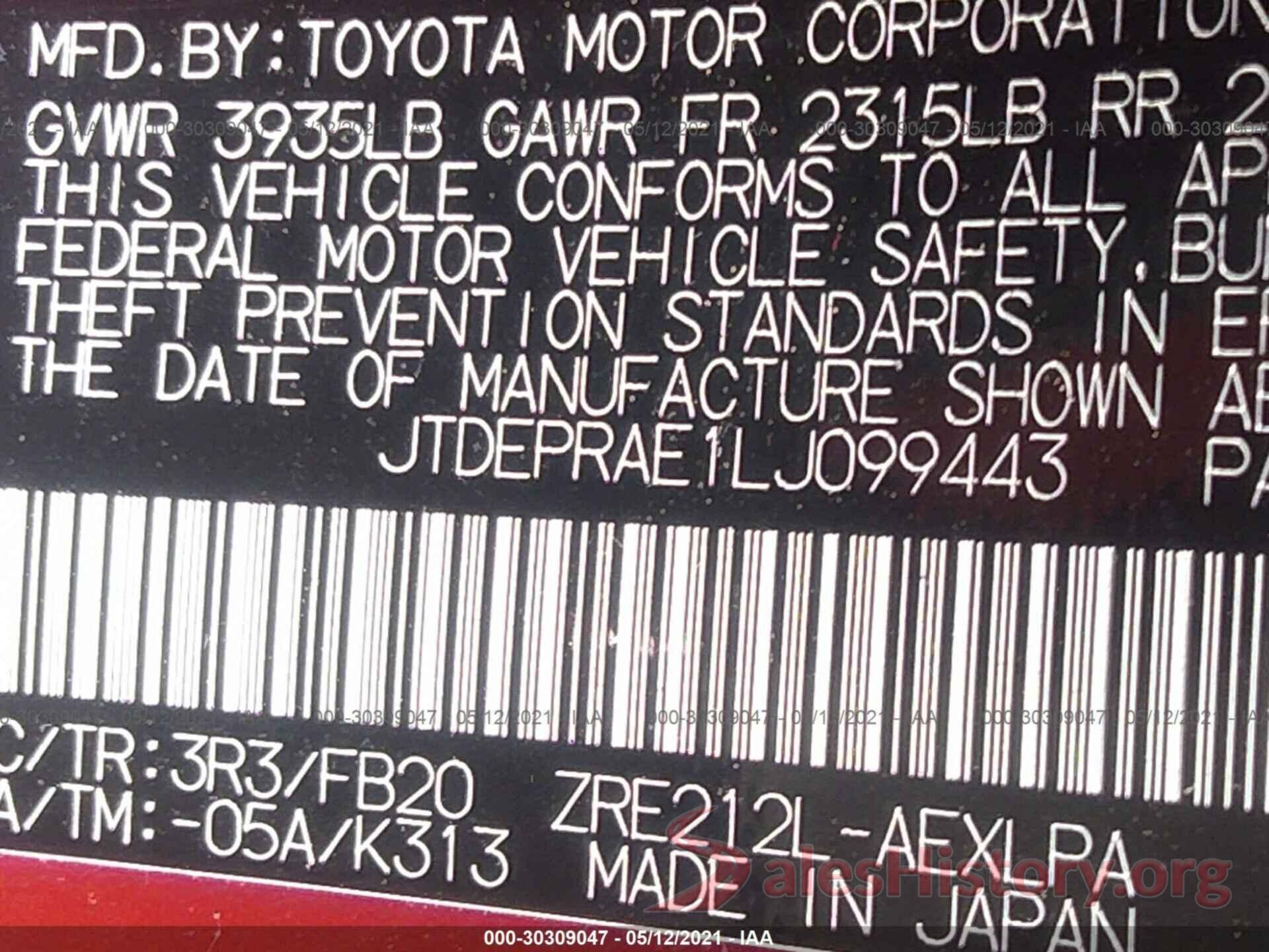 JTDEPRAE1LJ099443 2020 TOYOTA COROLLA