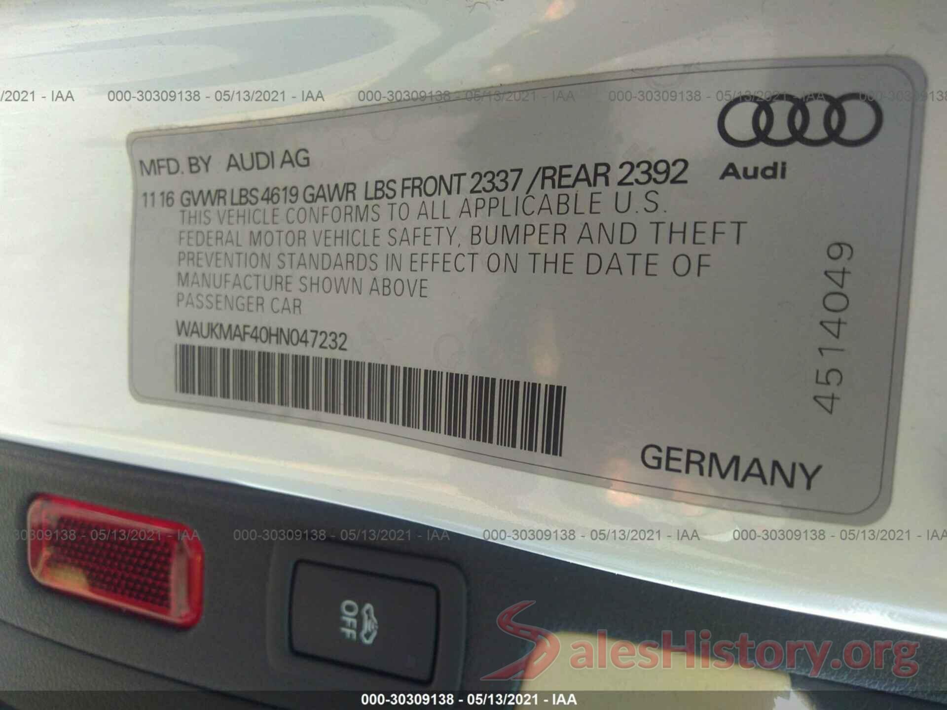 WAUKMAF40HN047232 2017 AUDI A4