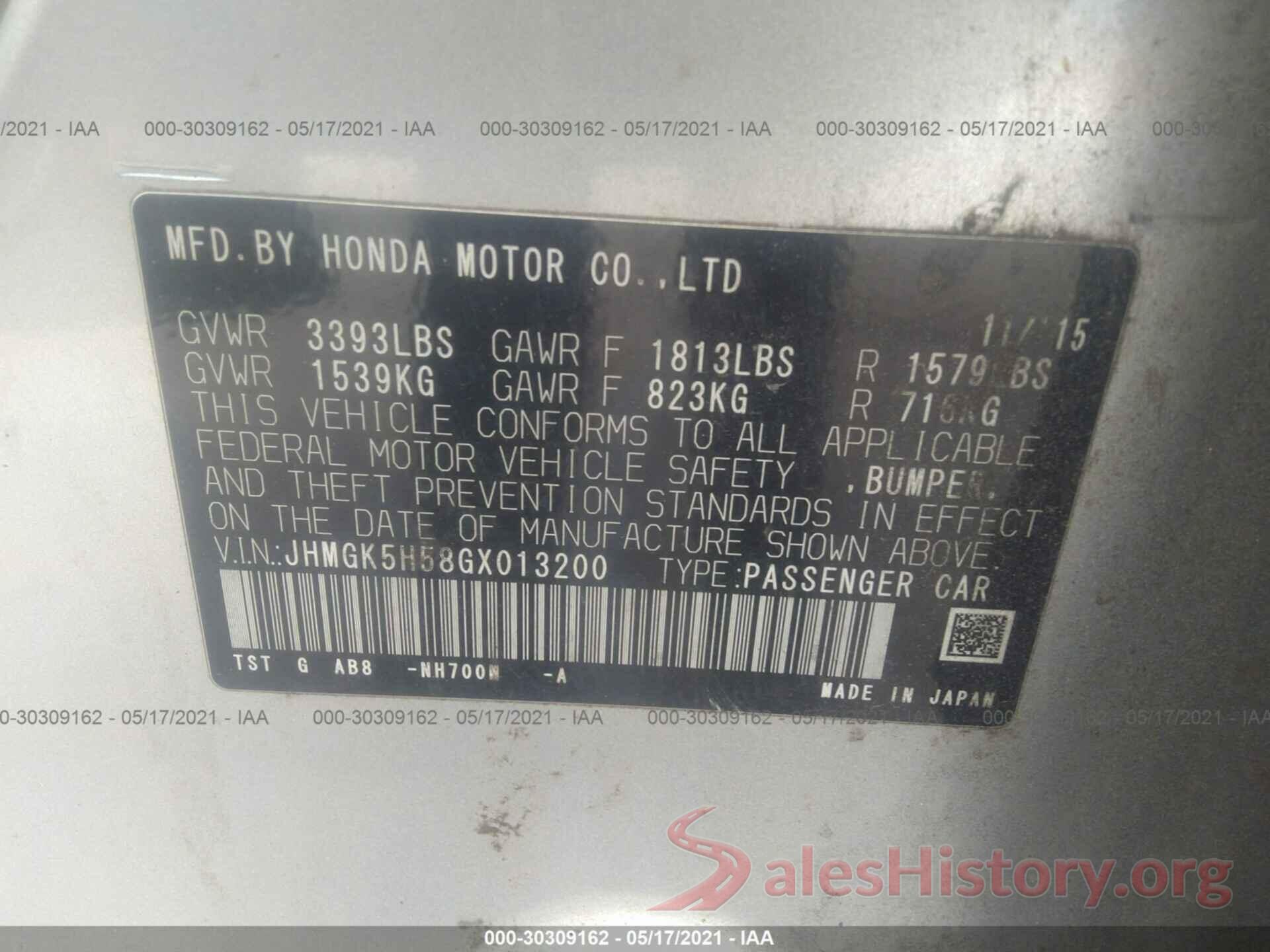 JHMGK5H58GX013200 2016 HONDA FIT