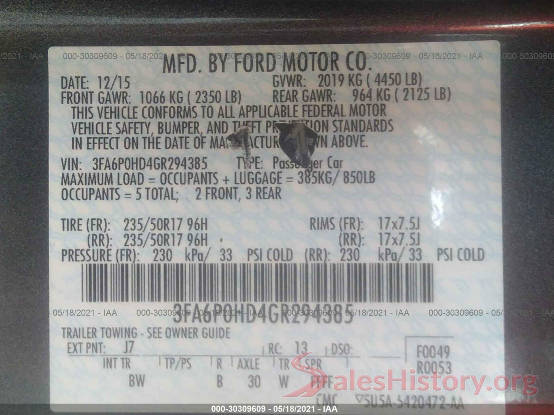 3FA6P0HD4GR294385 2016 FORD FUSION