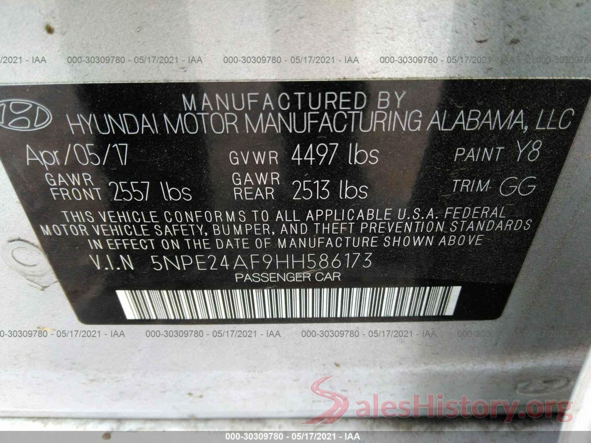 5NPE24AF9HH586173 2017 HYUNDAI SONATA