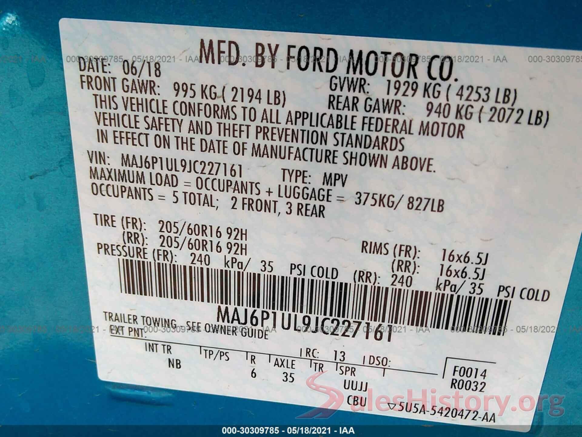 MAJ6P1UL9JC227161 2018 FORD ECOSPORT