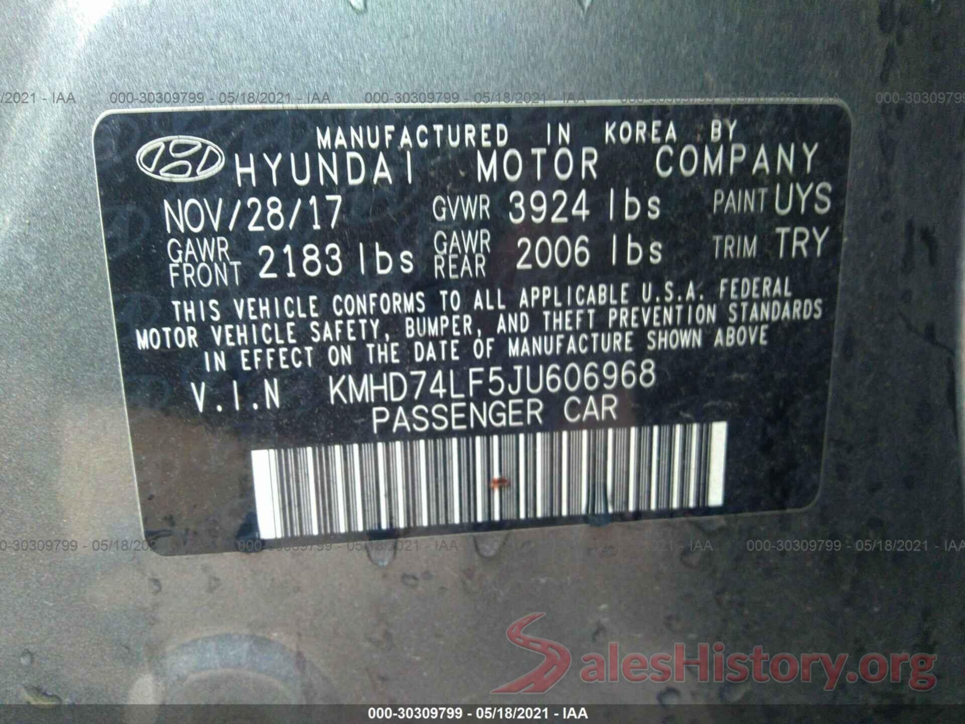 KMHD74LF5JU606968 2018 HYUNDAI ELANTRA