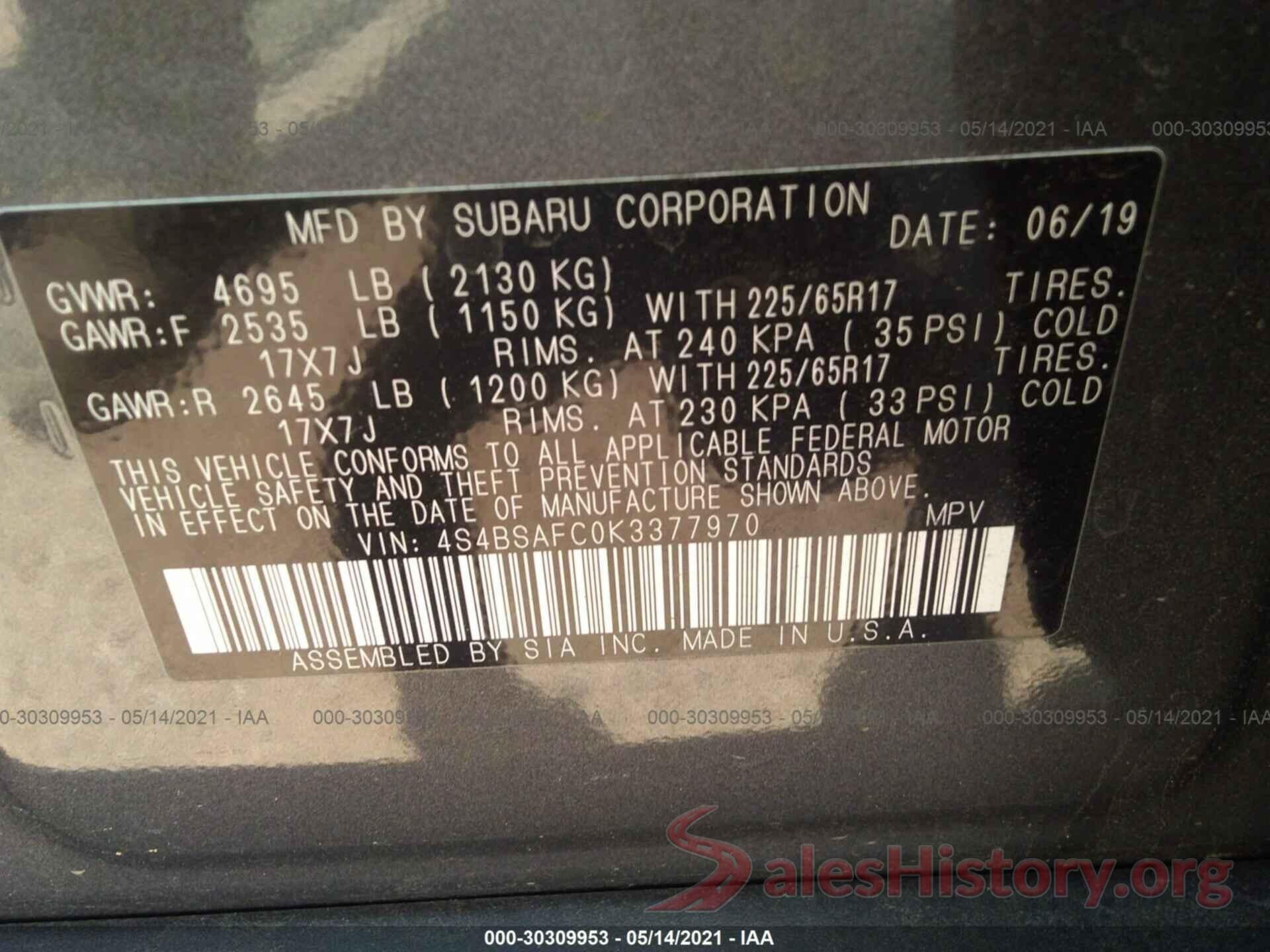 4S4BSAFC0K3377970 2019 SUBARU OUTBACK