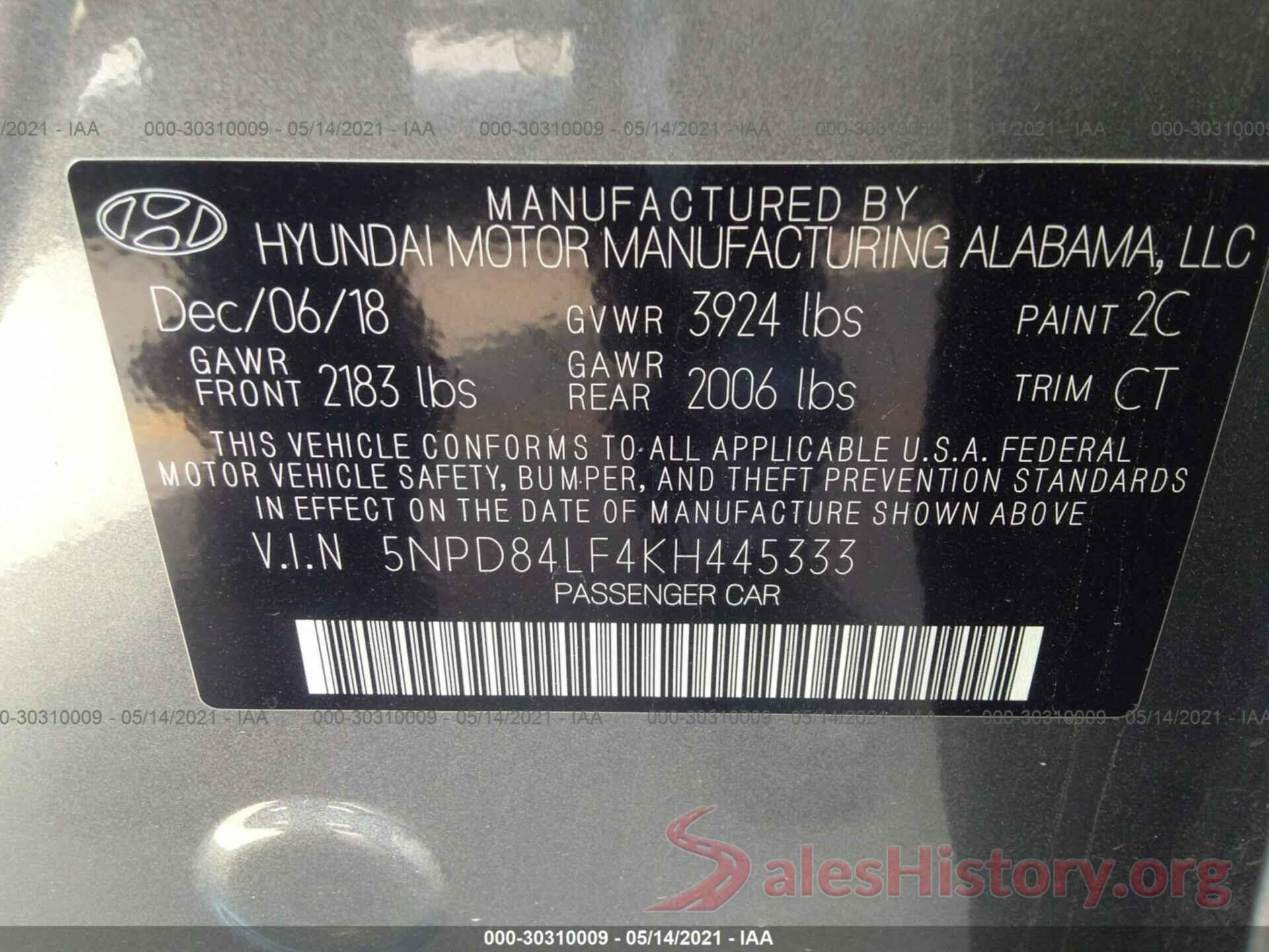 5NPD84LF4KH445333 2019 HYUNDAI ELANTRA