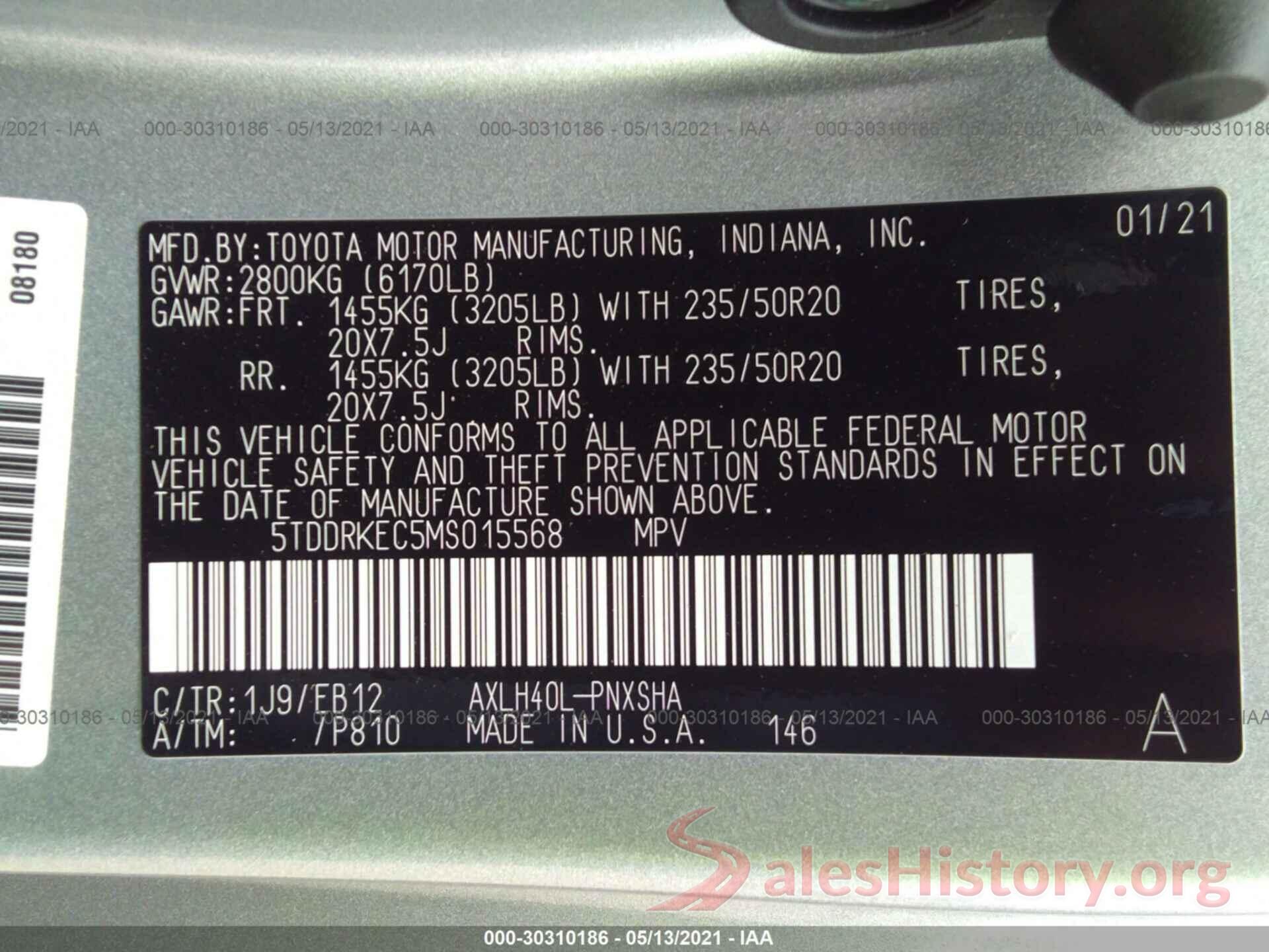 5TDDRKEC5MS015568 2021 TOYOTA SIENNA