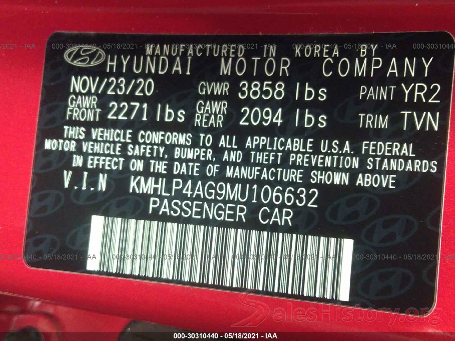 KMHLP4AG9MU106632 2021 HYUNDAI ELANTRA