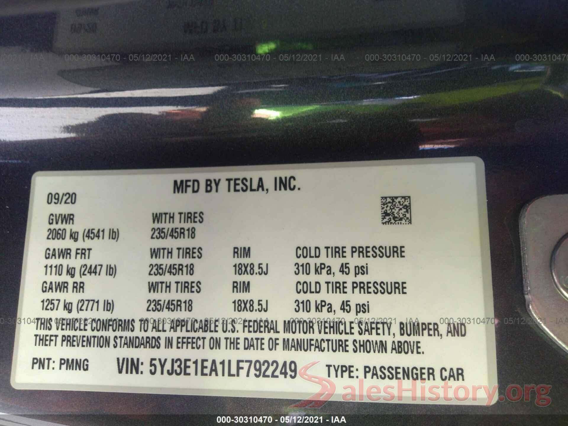 5YJ3E1EA1LF792249 2020 TESLA MODEL 3