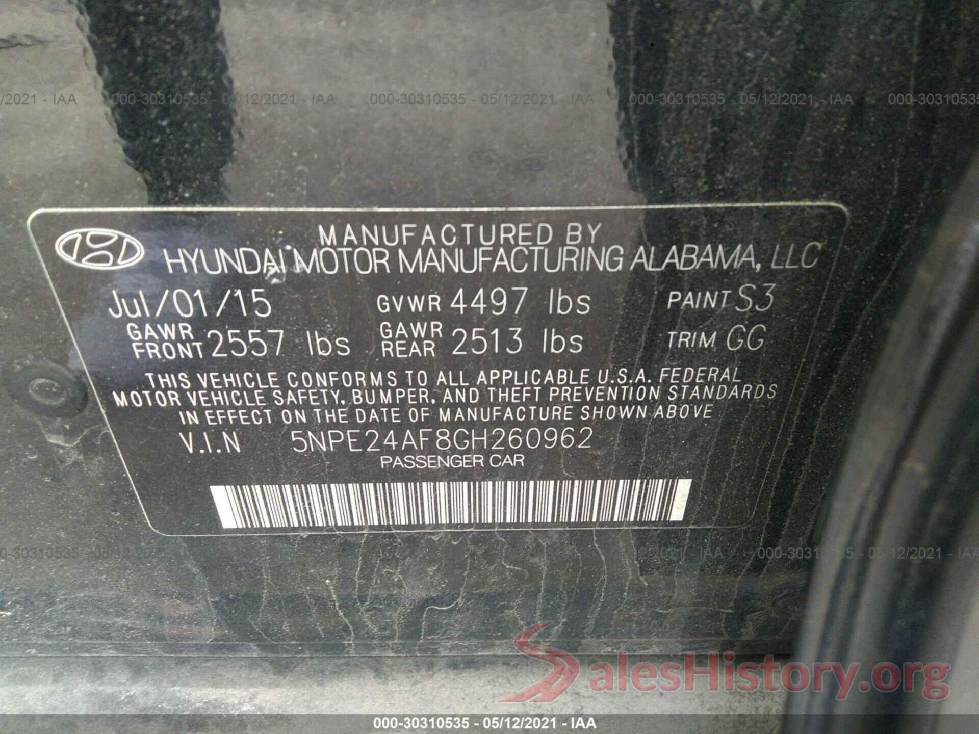 5NPE24AF8GH260962 2016 HYUNDAI SONATA