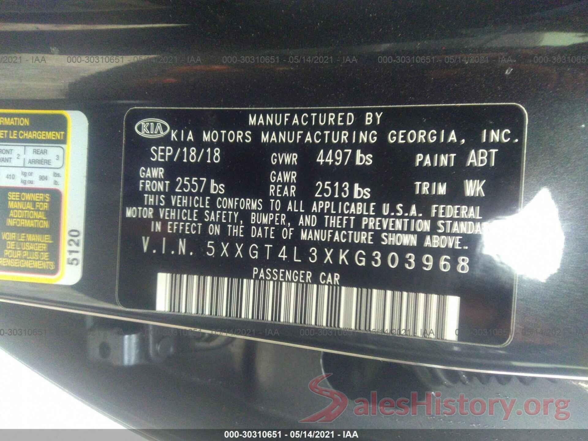 5XXGT4L3XKG303968 2019 KIA OPTIMA