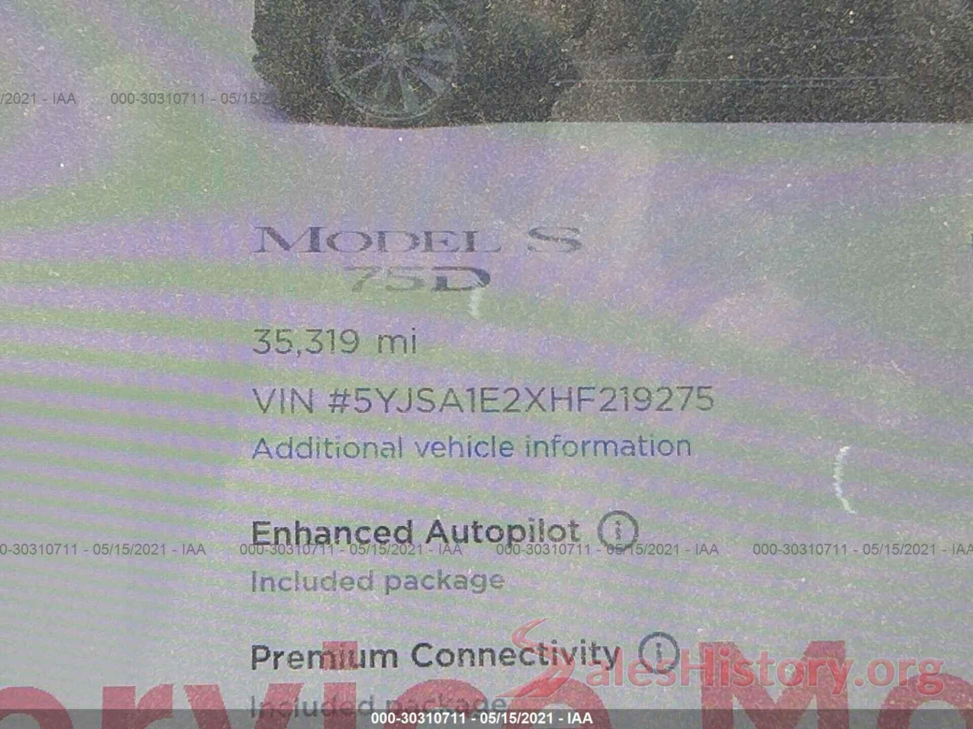 5YJSA1E2XHF219275 2017 TESLA MODEL S