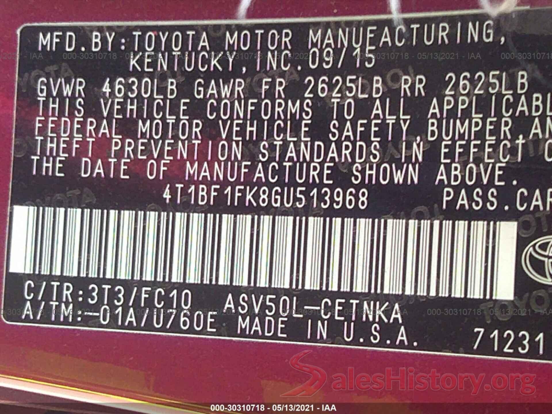 4T1BF1FK8GU513968 2016 TOYOTA CAMRY