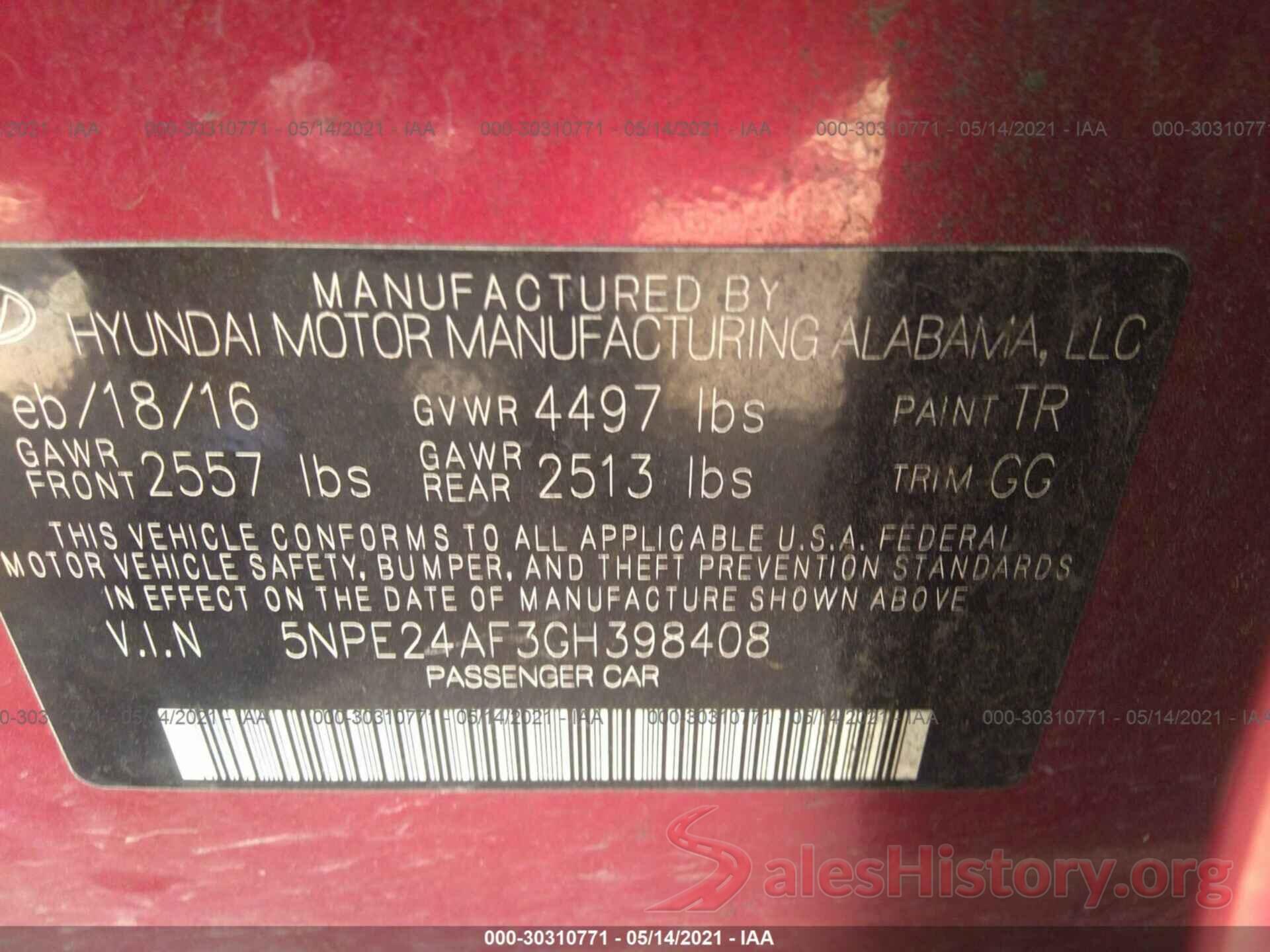 5NPE24AF3GH398408 2016 HYUNDAI SONATA