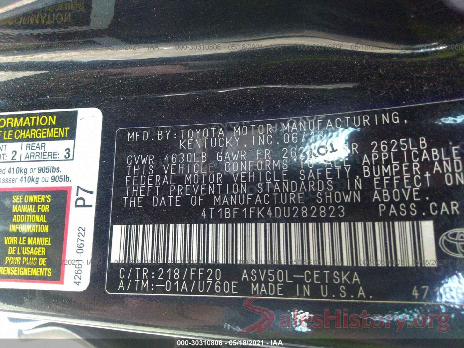 4T1BF1FK4DU282823 2013 TOYOTA CAMRY