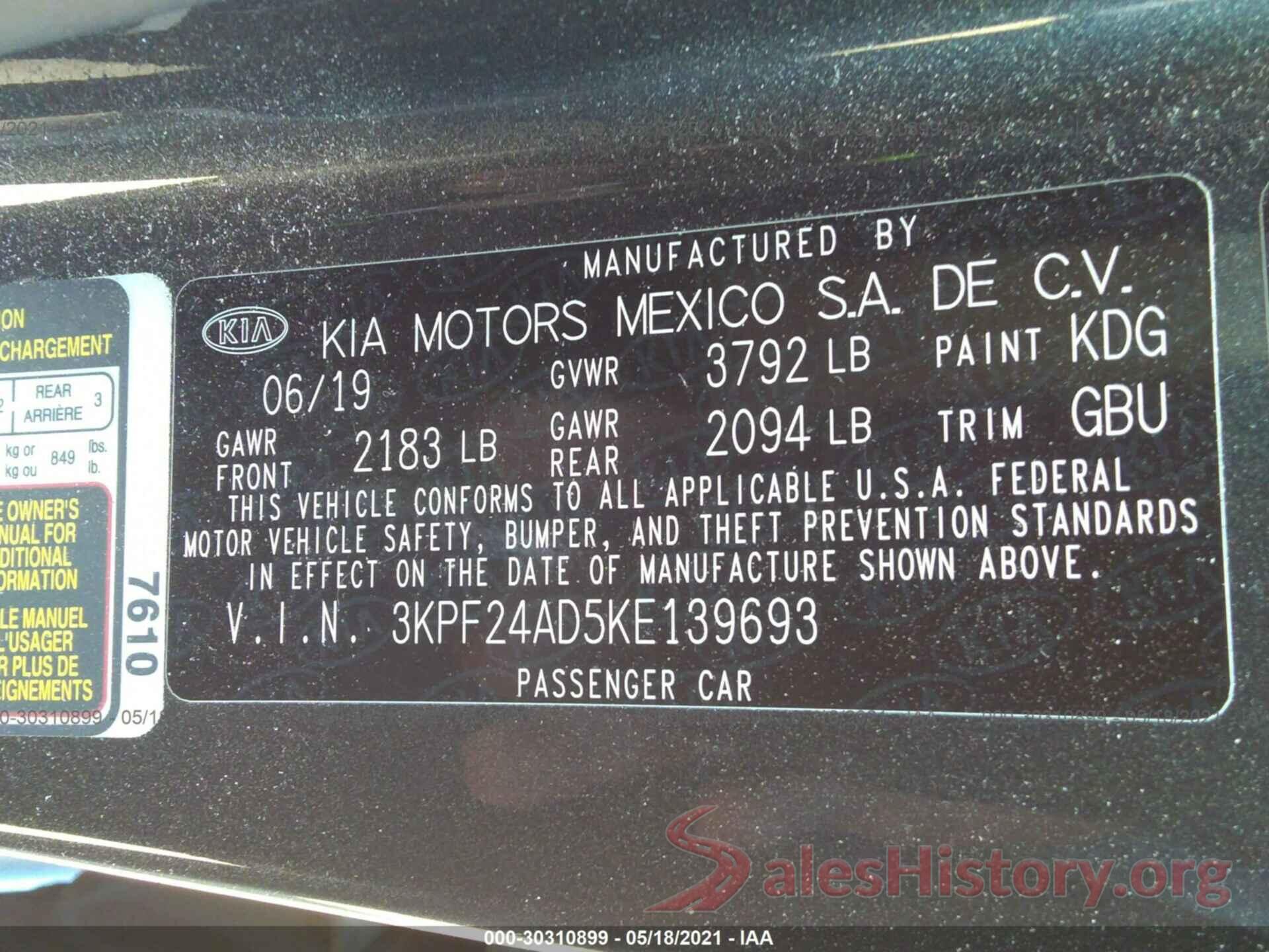 3KPF24AD5KE139693 2019 KIA FORTE