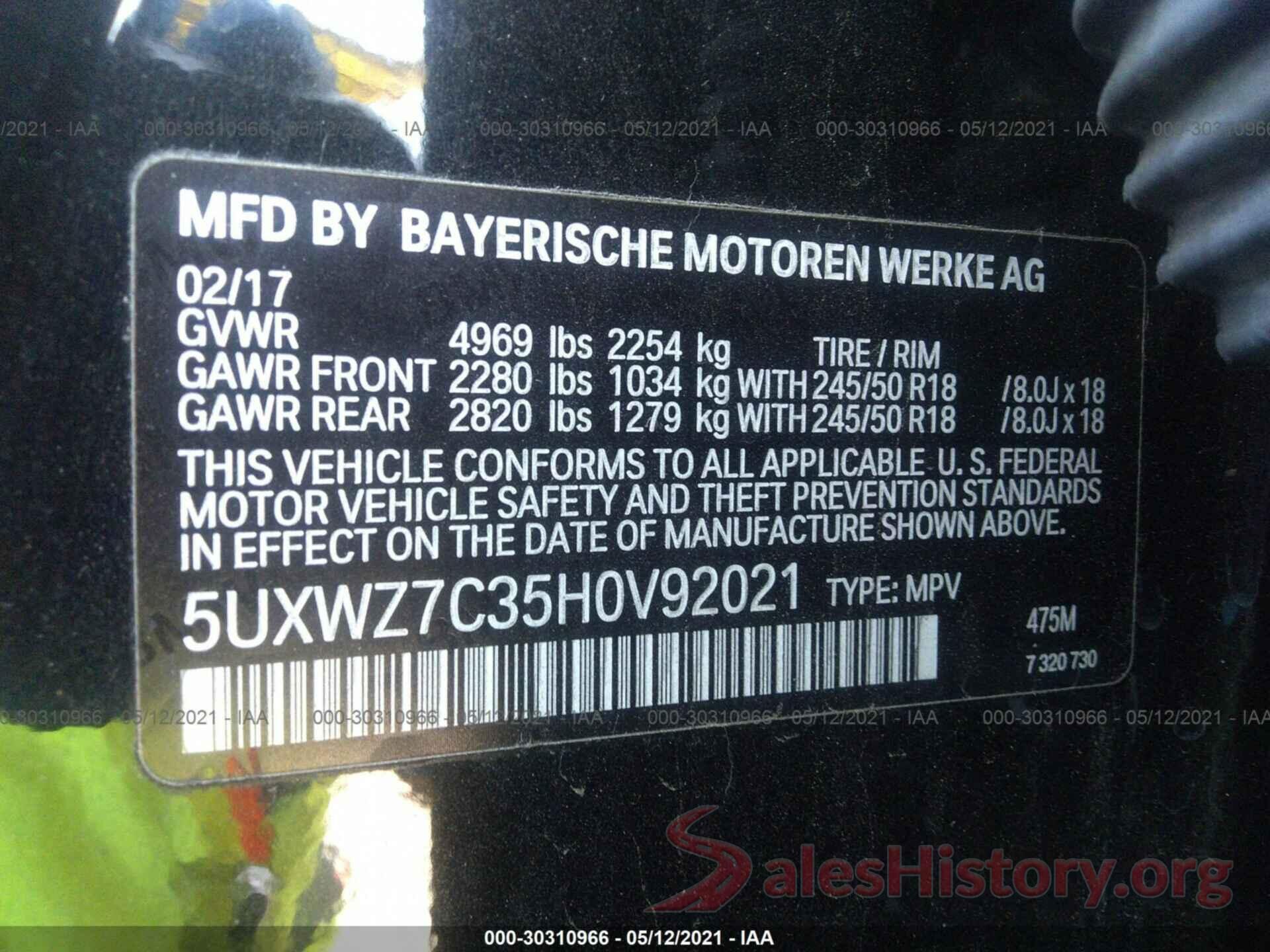 5UXWZ7C35H0V92021 2017 BMW X3