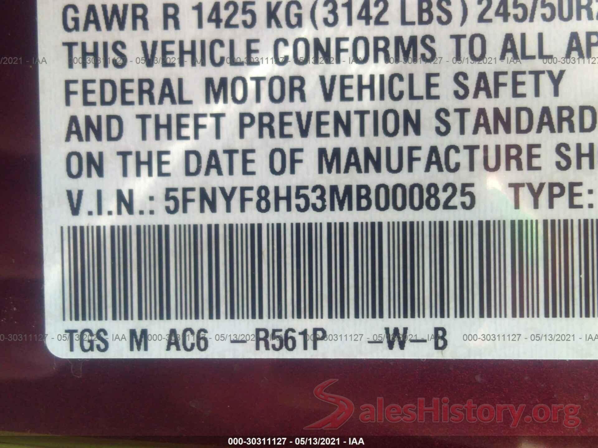 5FNYF8H53MB000825 2021 HONDA PASSPORT