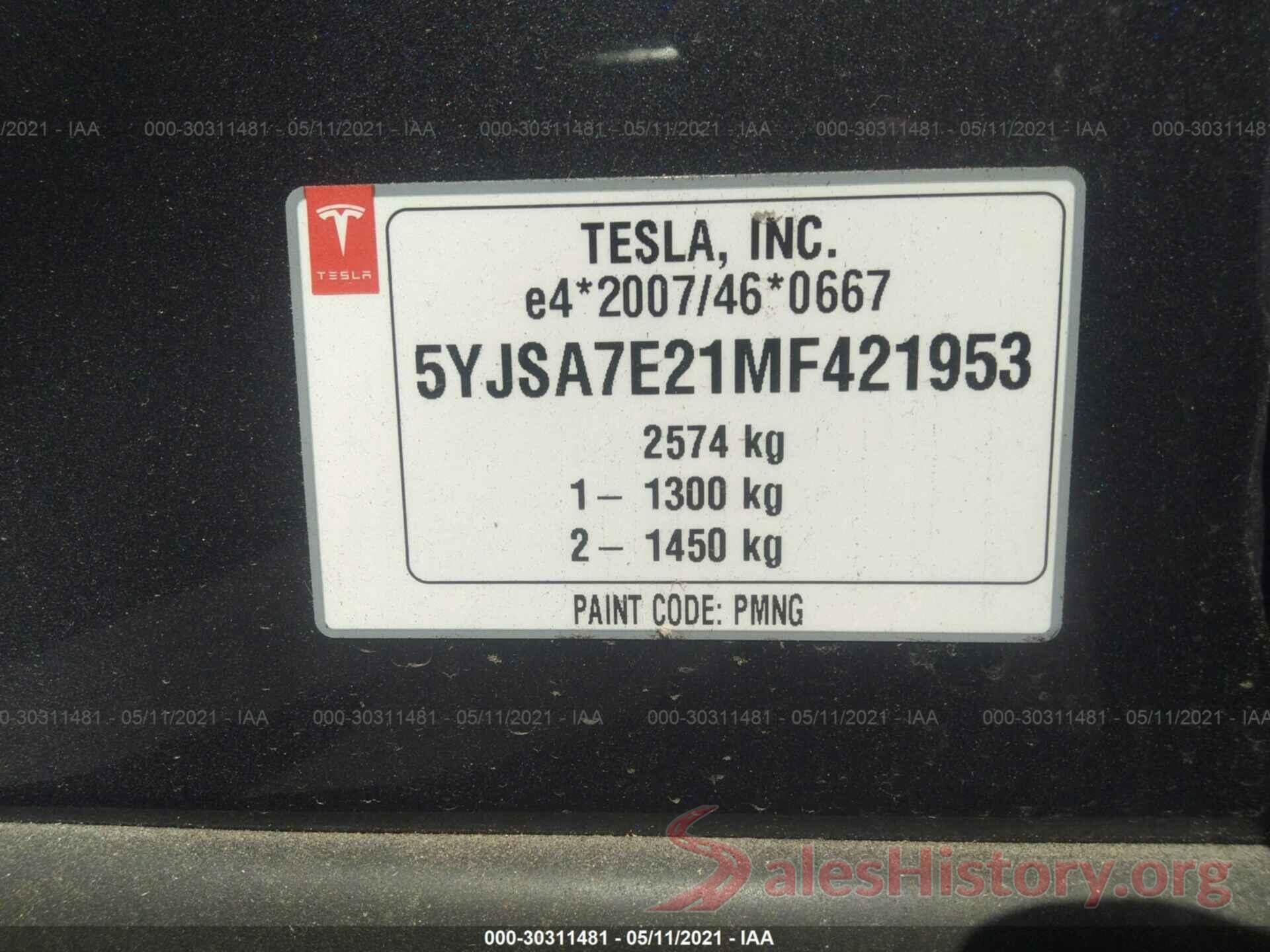 5YJSA7E21MF421953 2021 TESLA MODEL S