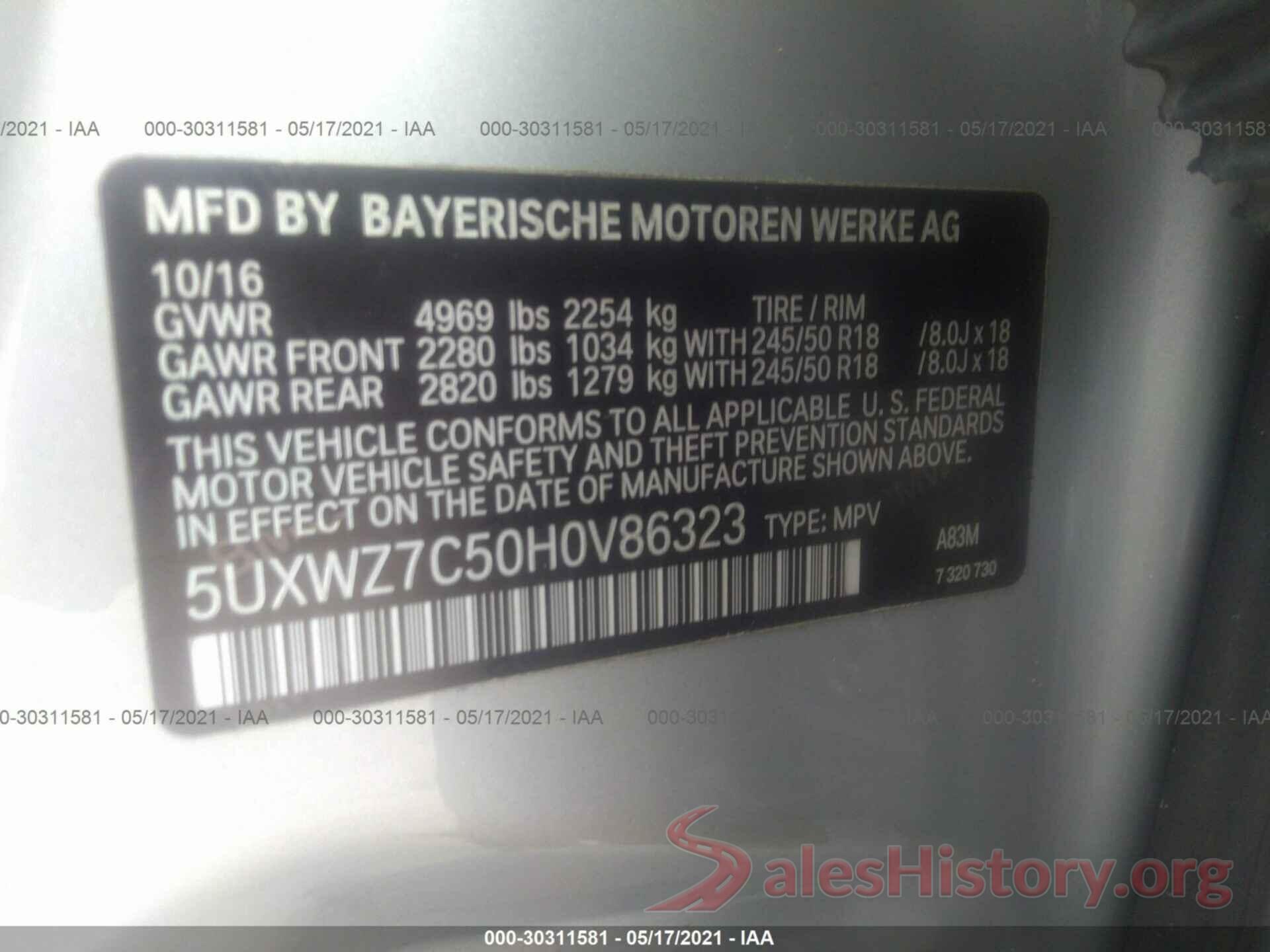 5UXWZ7C50H0V86323 2017 BMW X3