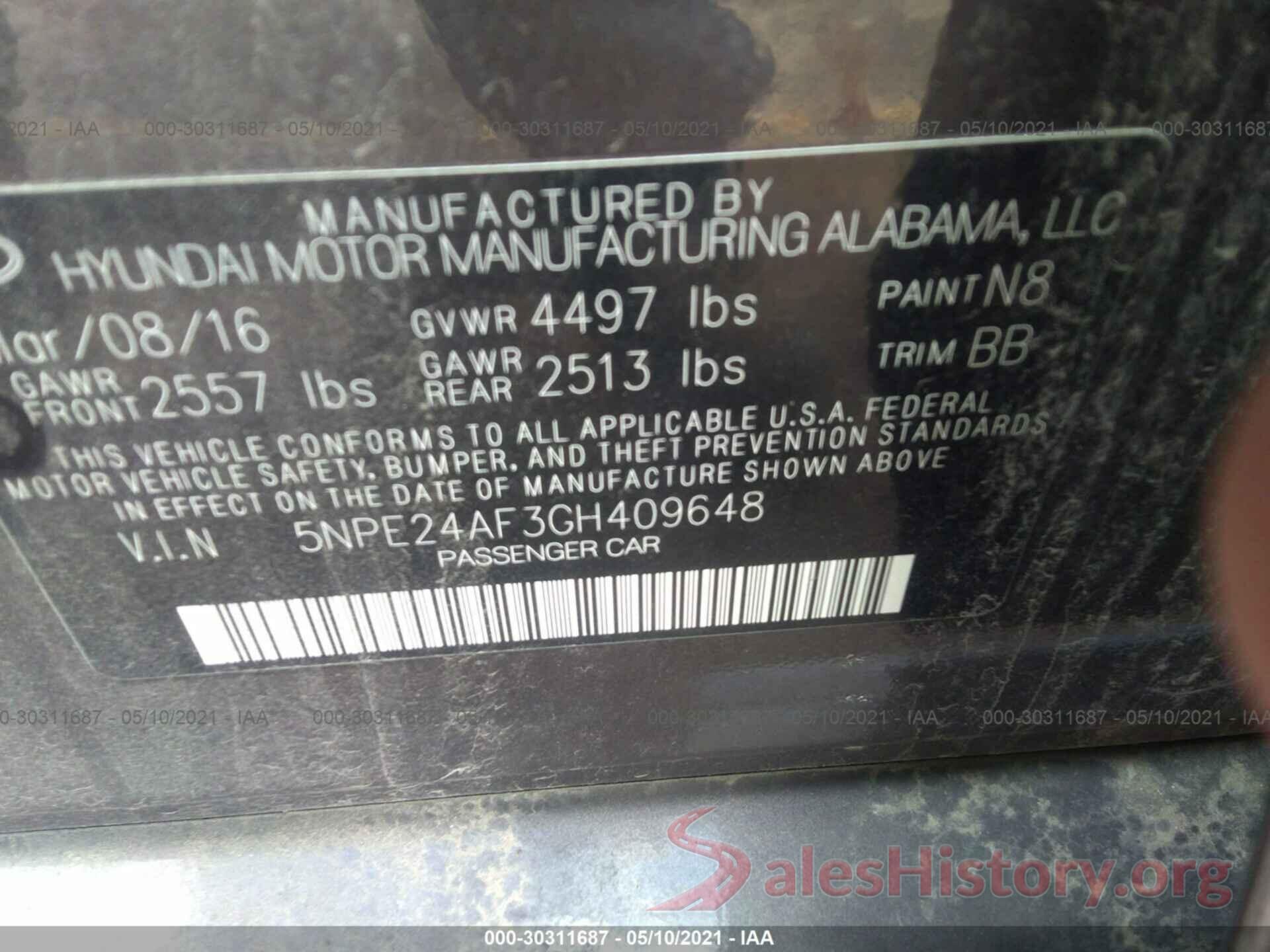 5NPE24AF3GH409648 2016 HYUNDAI SONATA