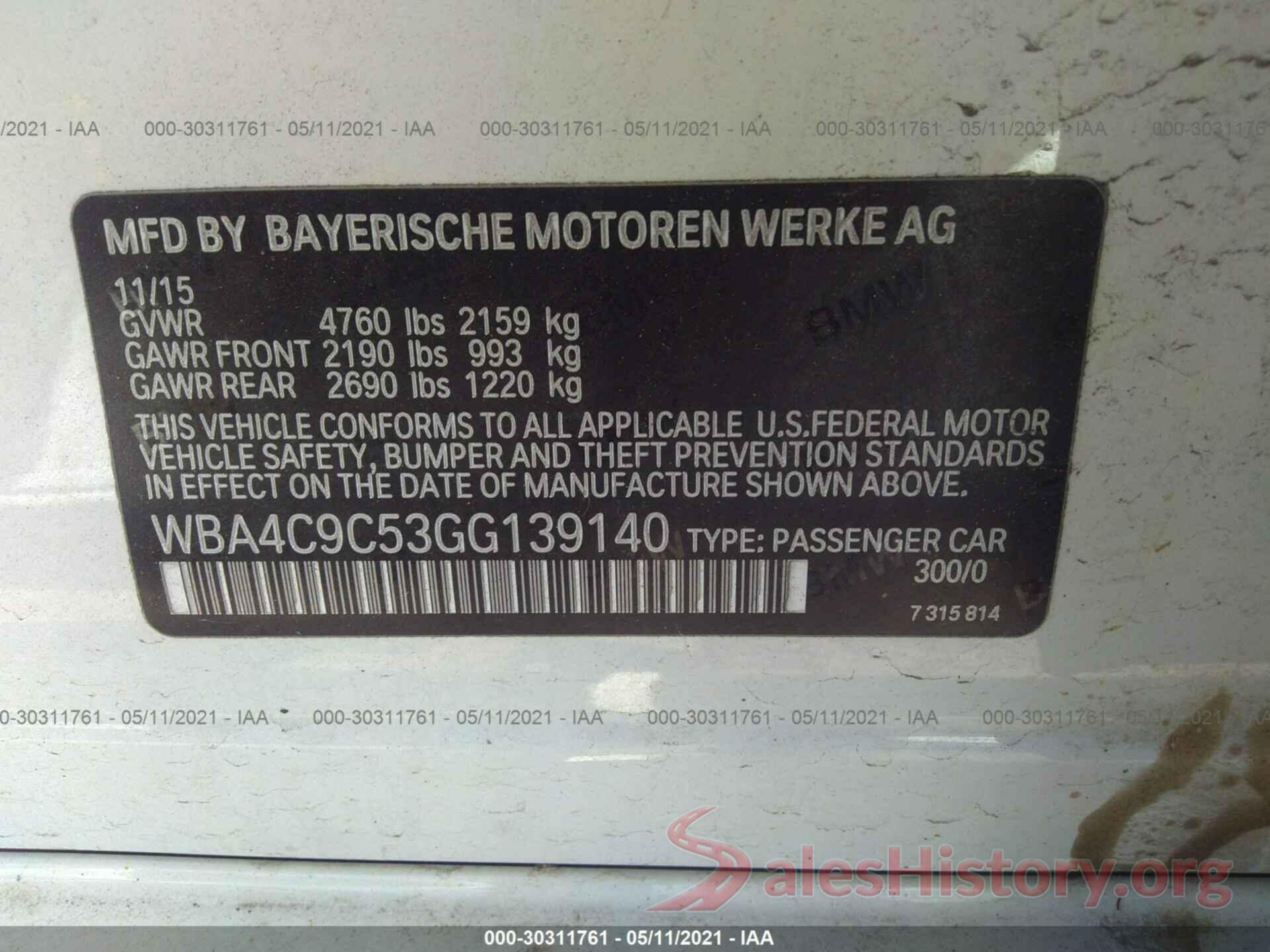 WBA4C9C53GG139140 2016 BMW 4 SERIES