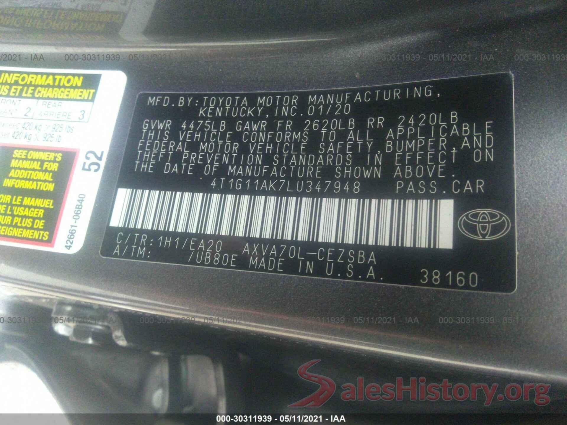 4T1G11AK7LU347948 2020 TOYOTA CAMRY