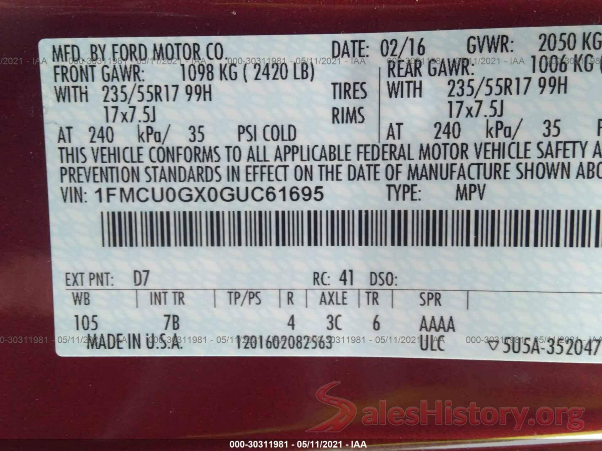 1FMCU0GX0GUC61695 2016 FORD ESCAPE