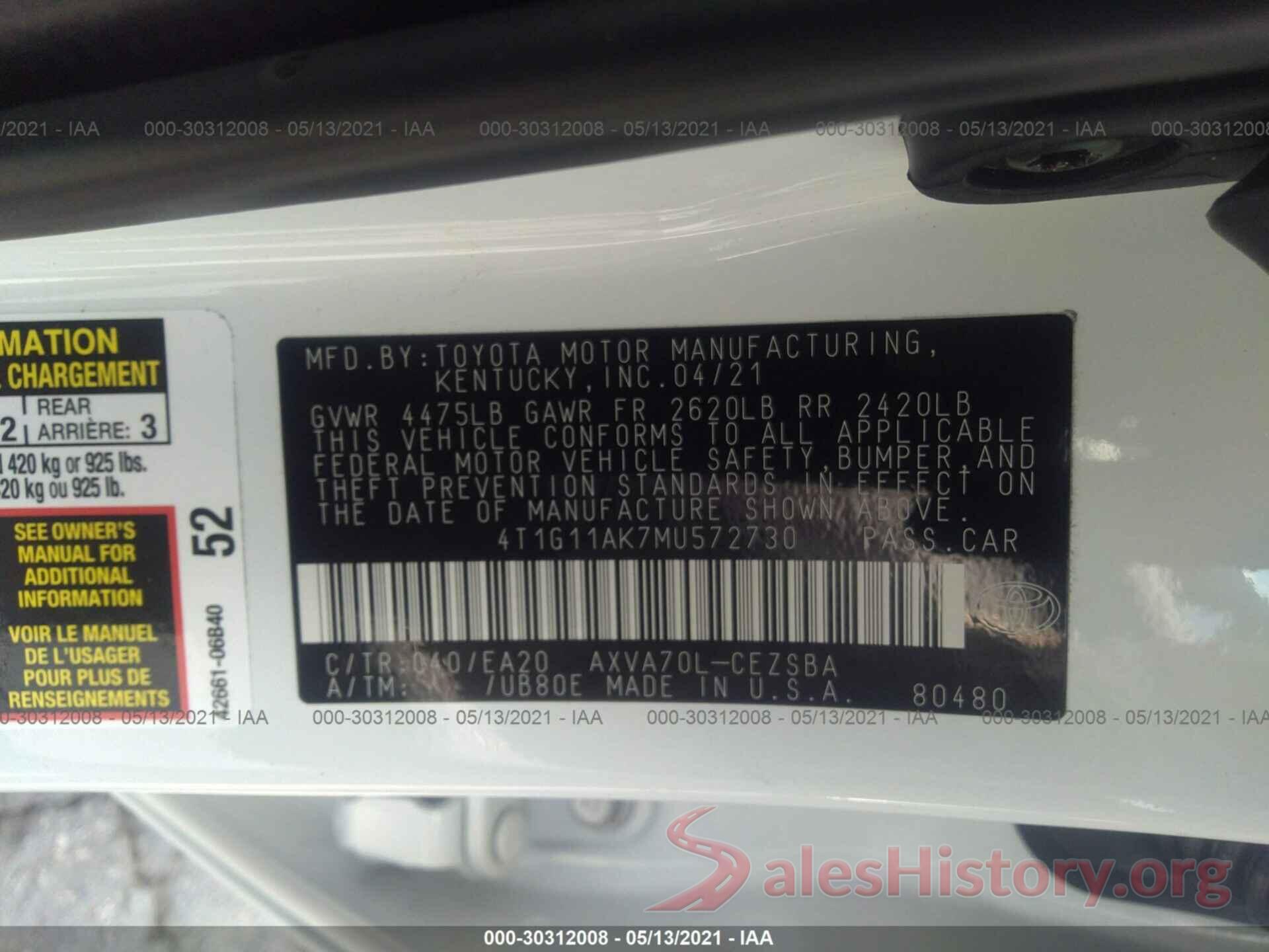 4T1G11AK7MU572730 2021 TOYOTA CAMRY