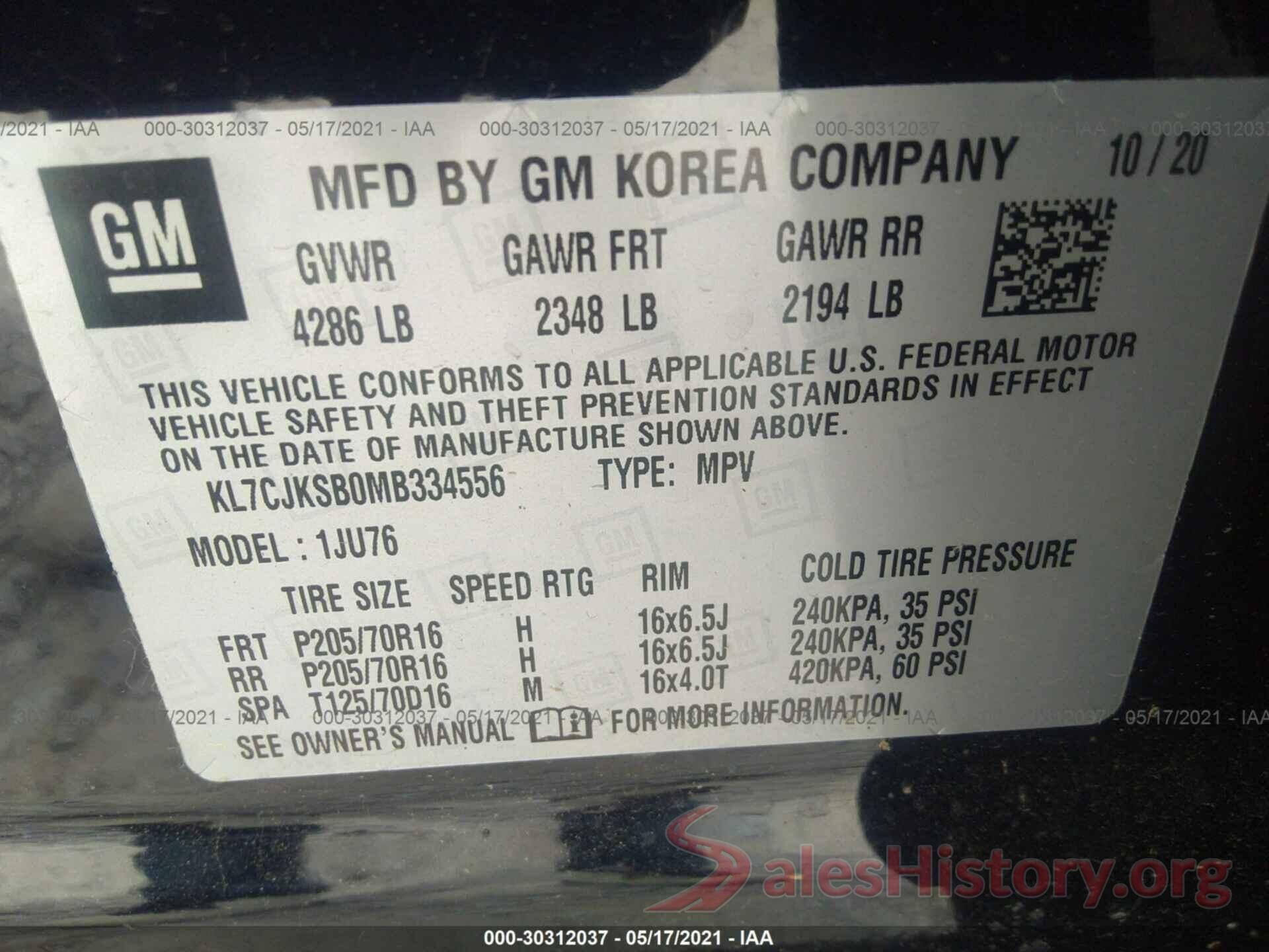 KL7CJKSB0MB334556 2021 CHEVROLET TRAX