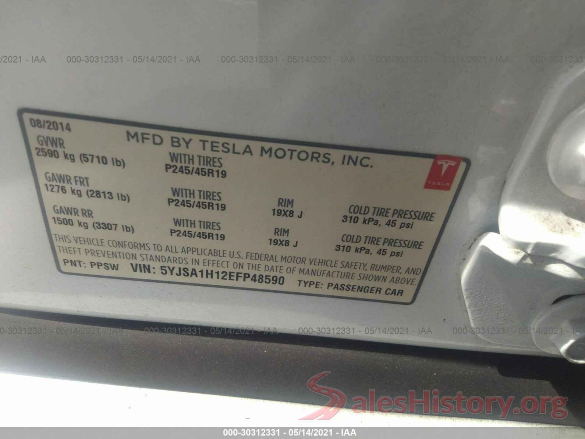 5YJSA1H12EFP48590 2014 TESLA MODEL S