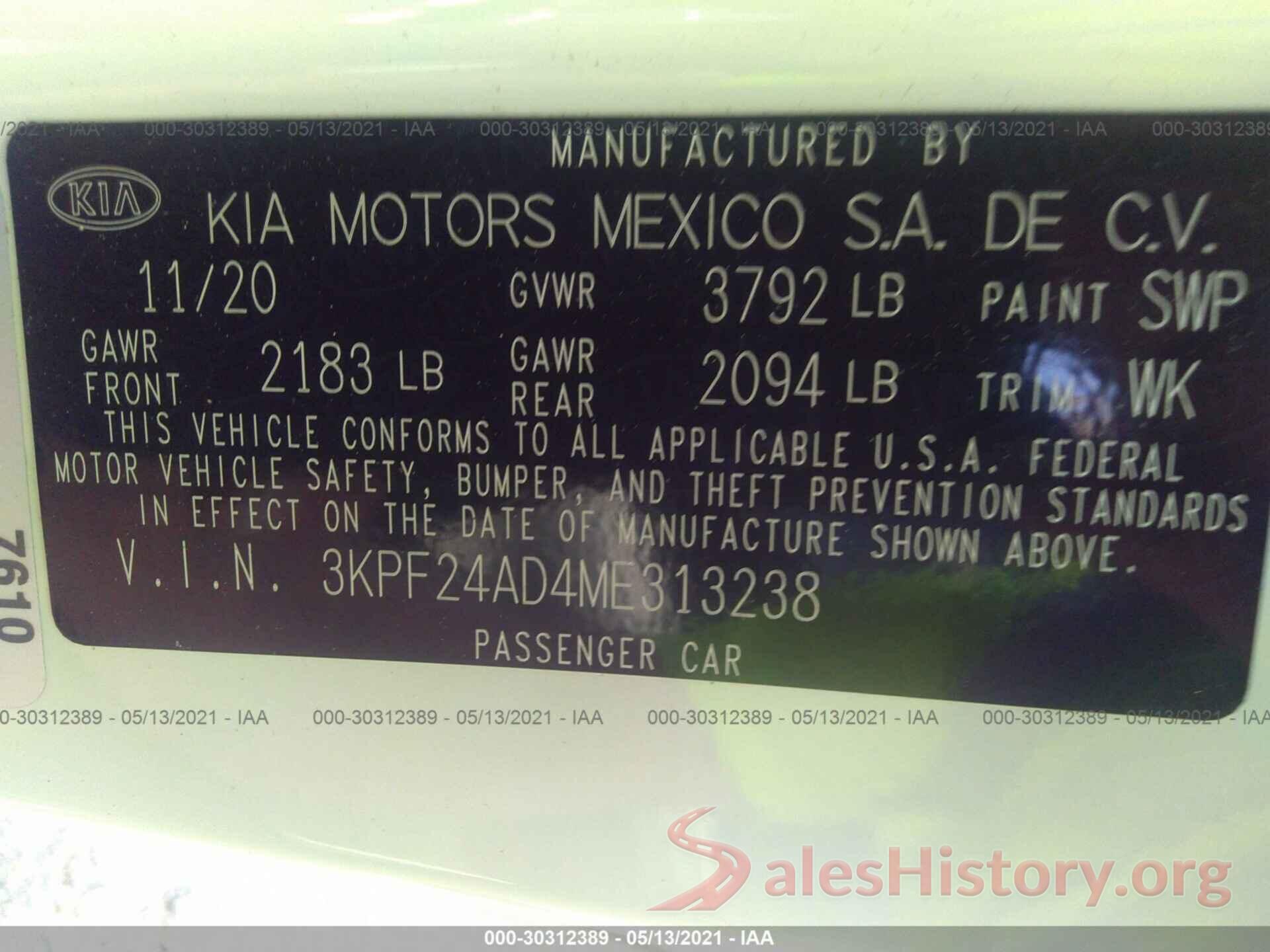 3KPF24AD4ME313238 2021 KIA FORTE