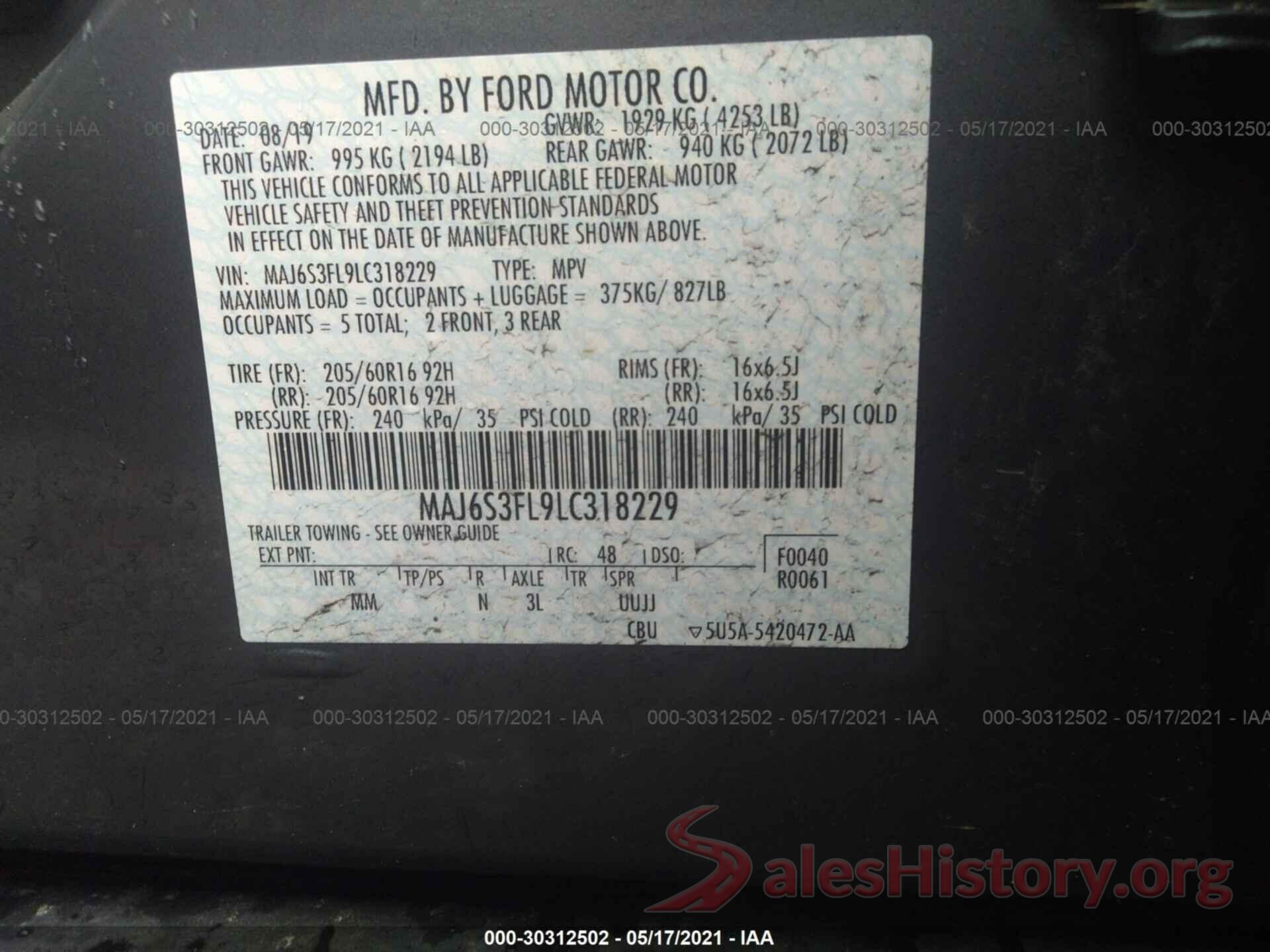 MAJ6S3FL9LC318229 2020 FORD ECOSPORT