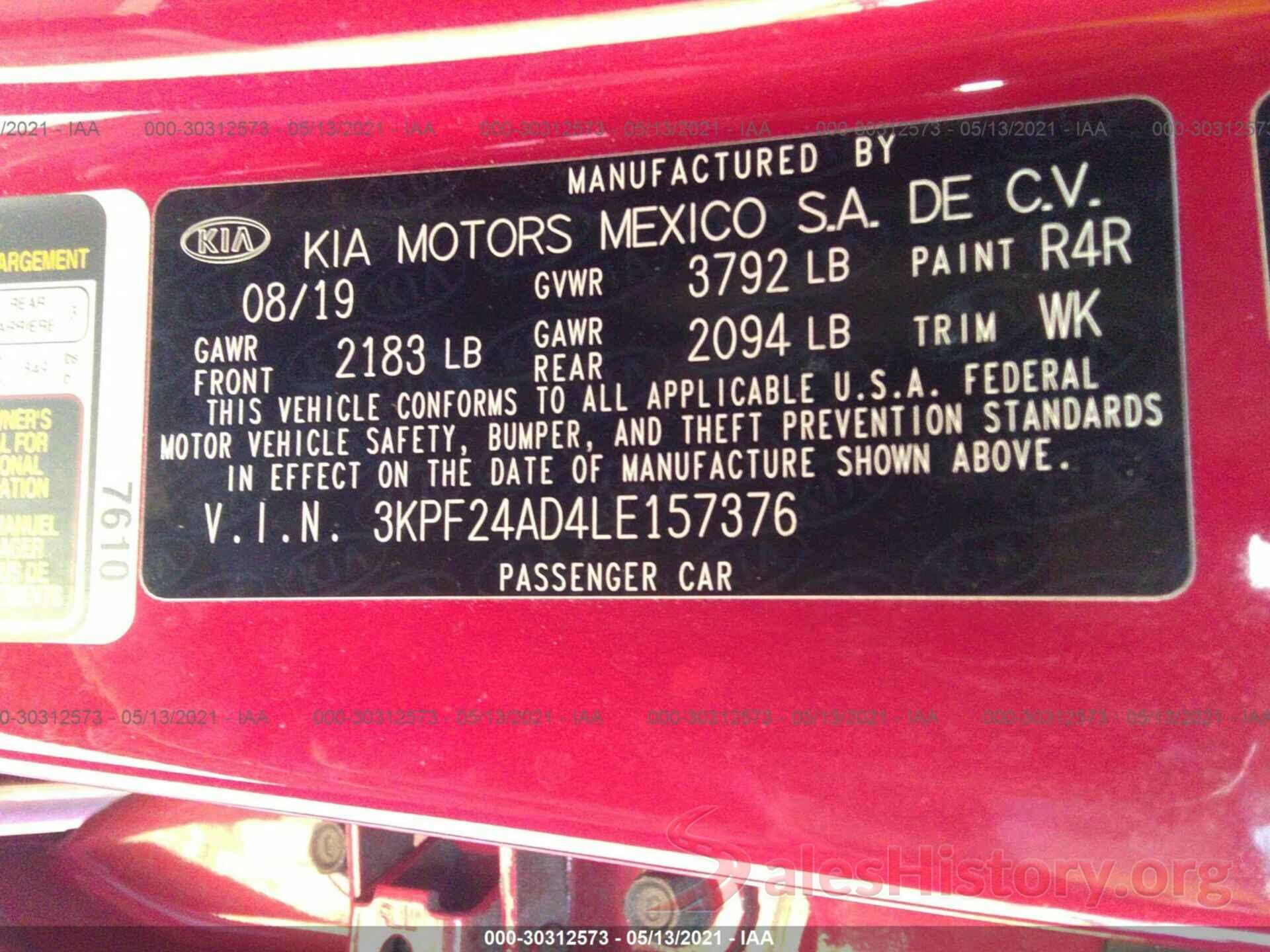 3KPF24AD4LE157376 2020 KIA FORTE