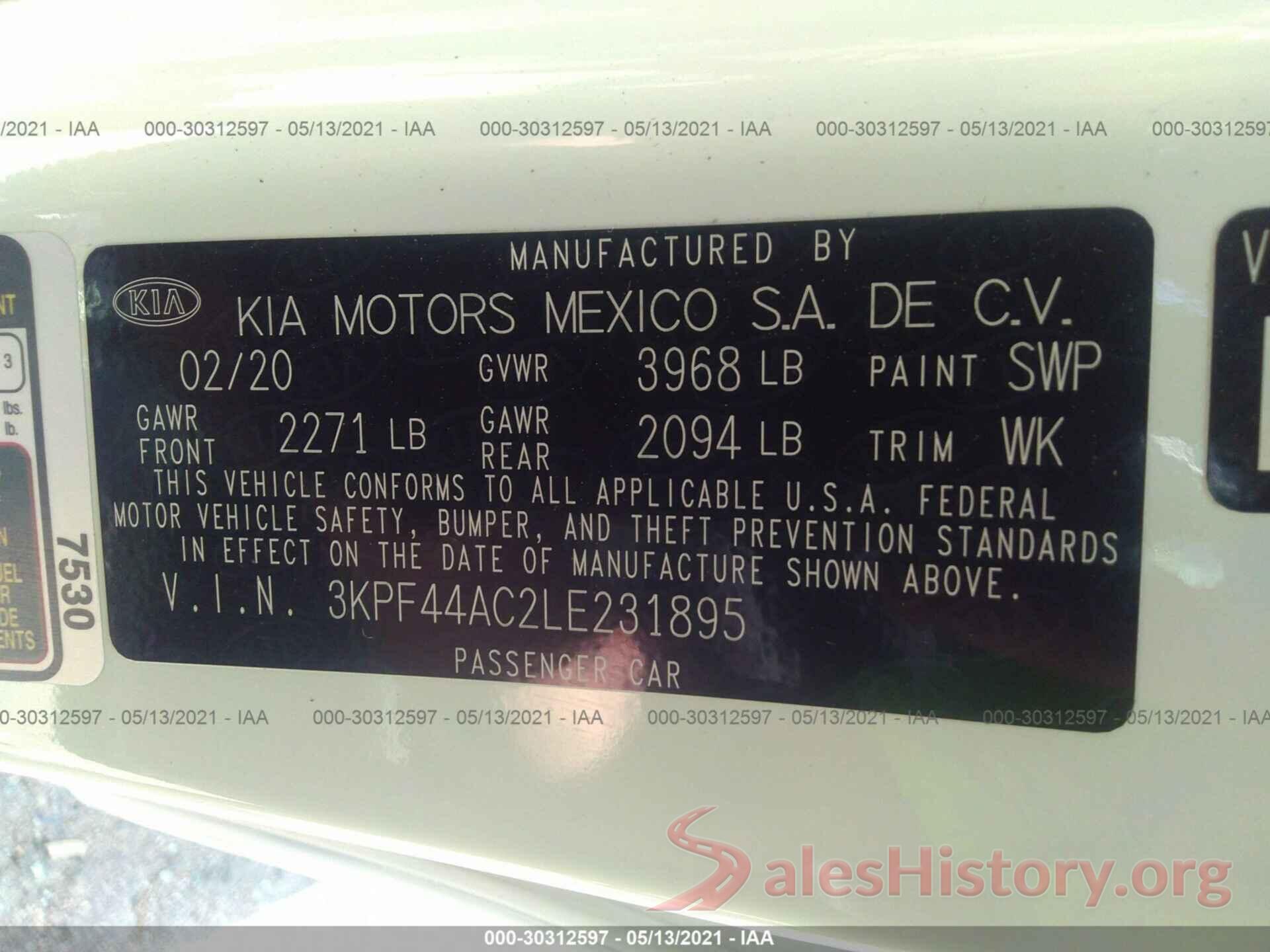 3KPF44AC2LE231895 2020 KIA FORTE