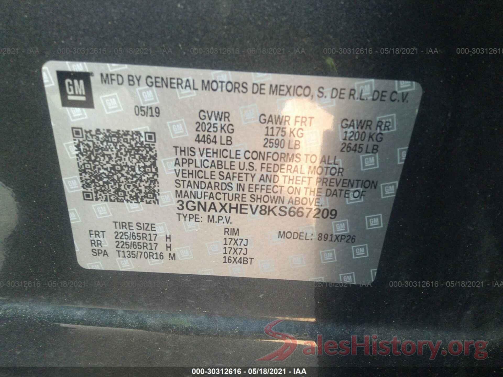 3GNAXHEV8KS667209 2019 CHEVROLET EQUINOX