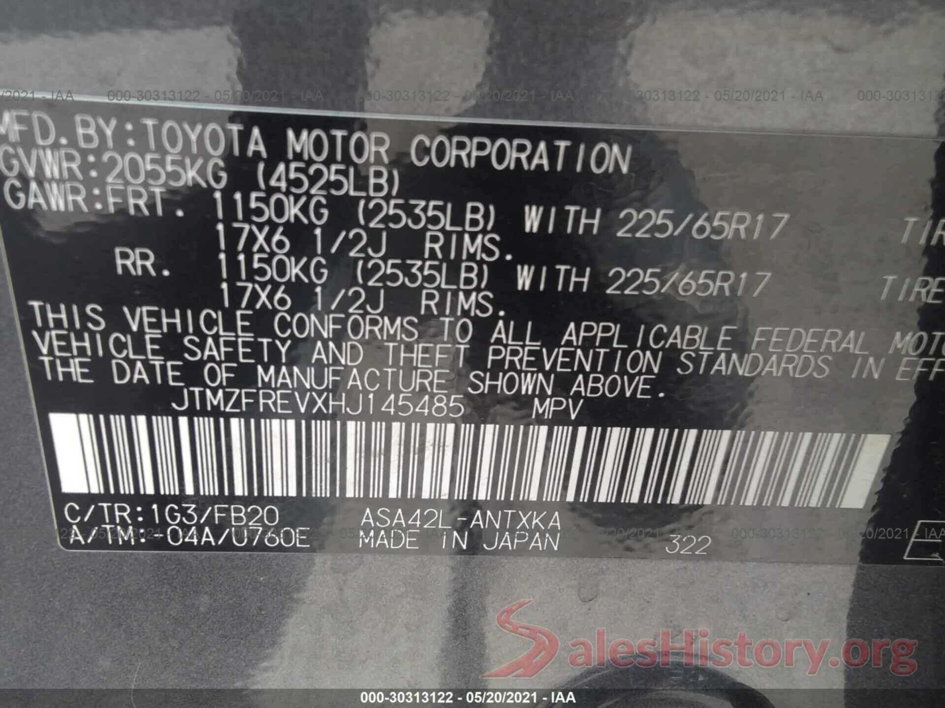 JTMZFREVXHJ145485 2017 TOYOTA RAV4