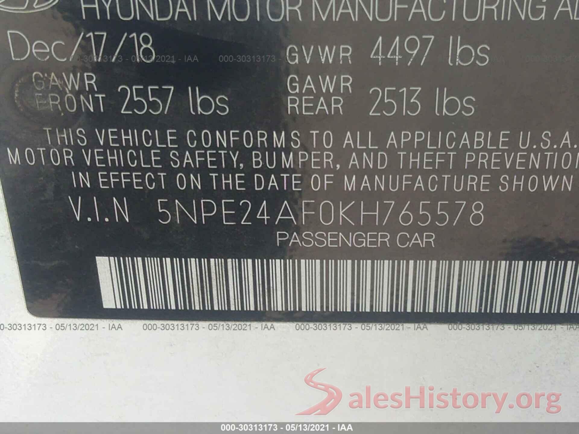 5NPE24AF0KH765578 2019 HYUNDAI SONATA