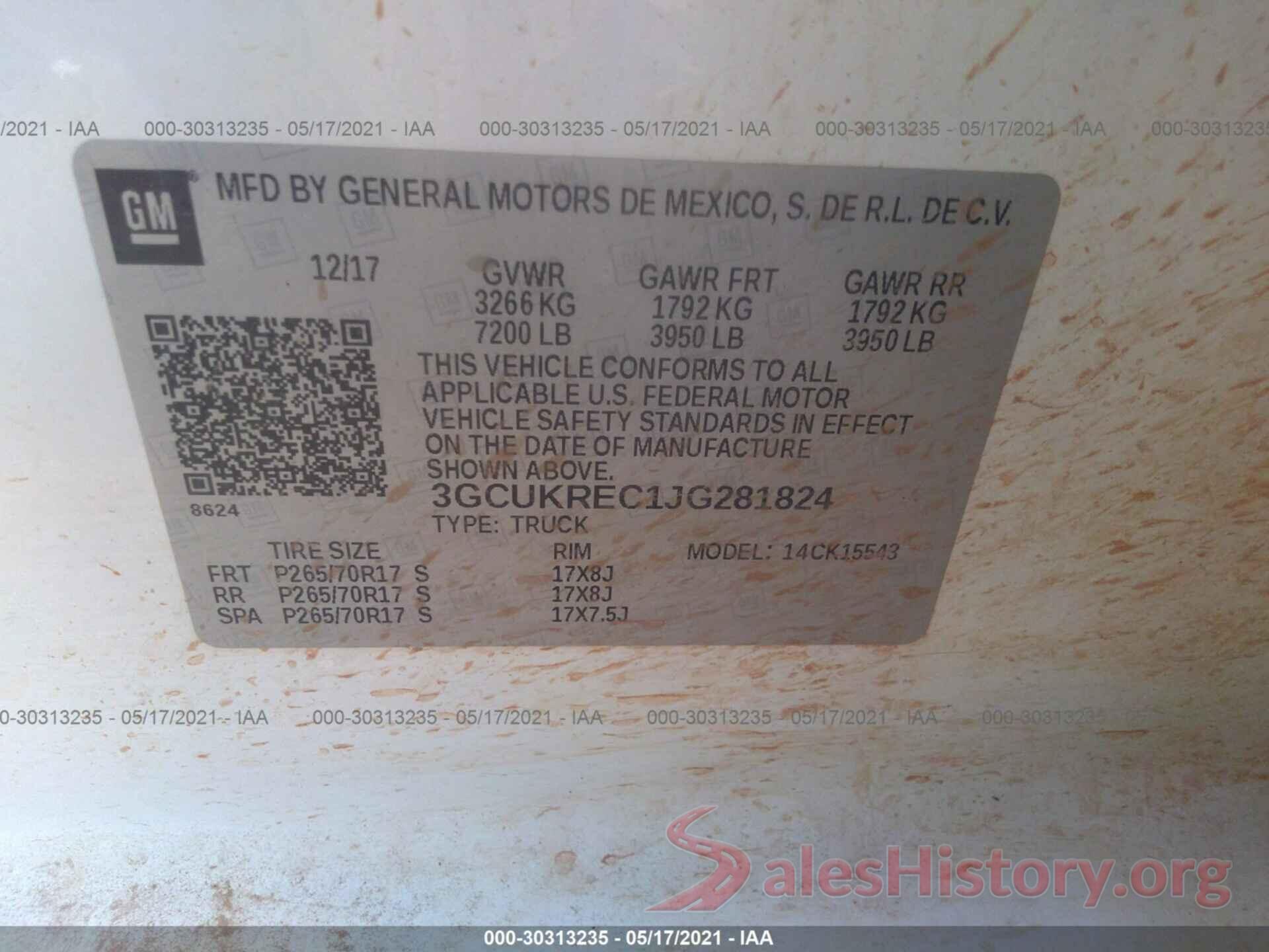 3GCUKREC1JG281824 2018 CHEVROLET SILVERADO 1500