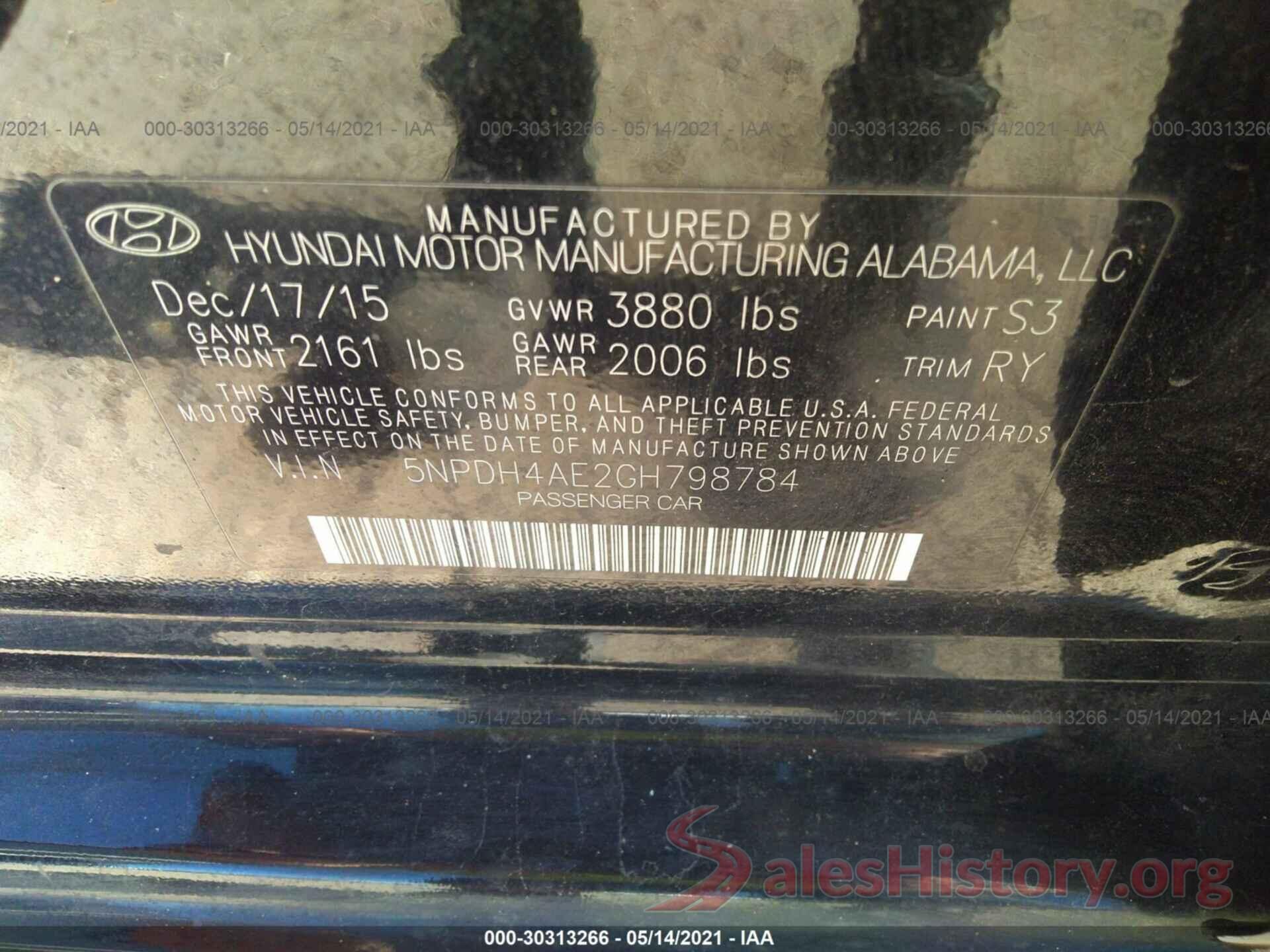 5NPDH4AE2GH798784 2016 HYUNDAI ELANTRA