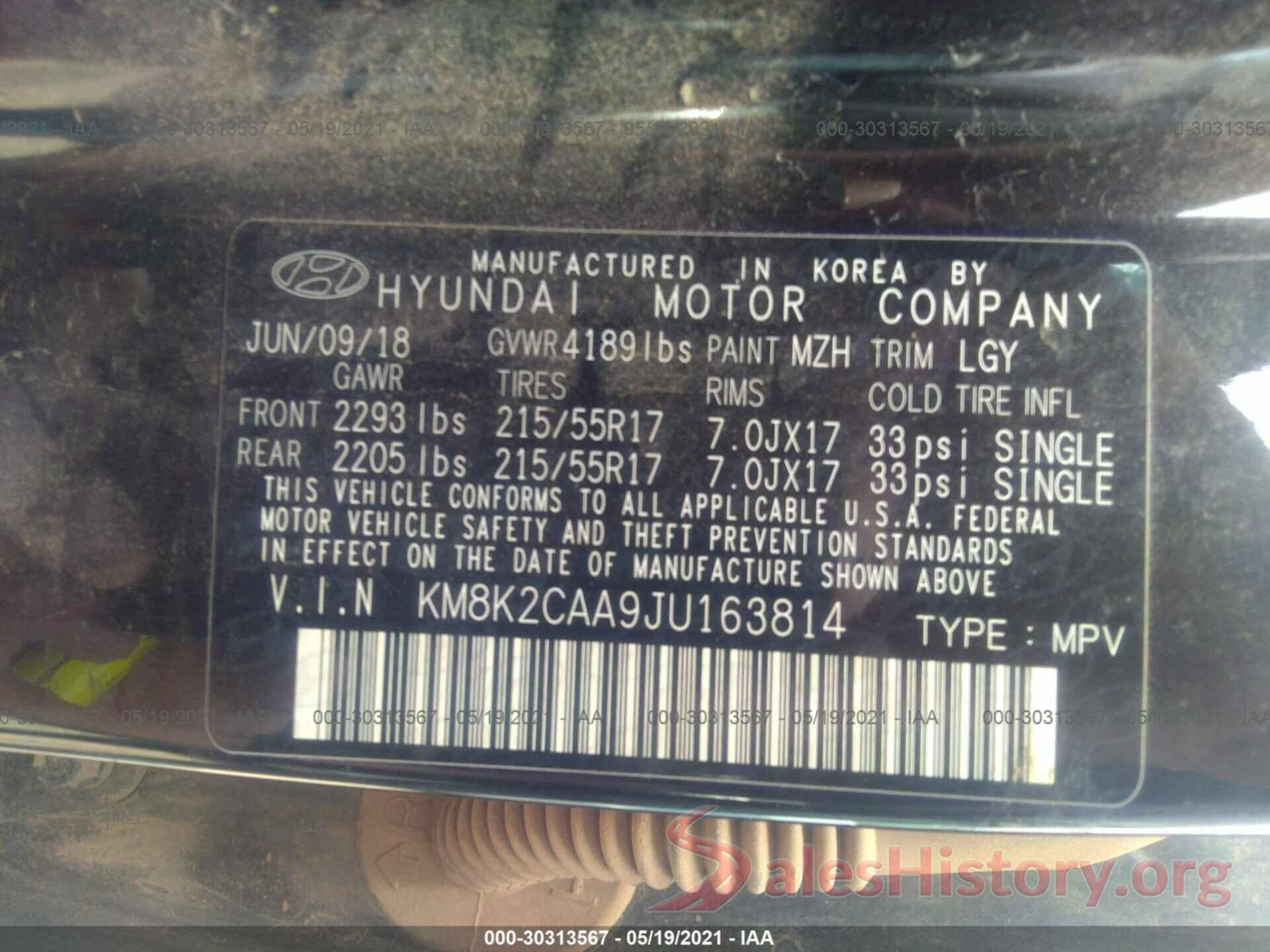 KM8K2CAA9JU163814 2018 HYUNDAI KONA