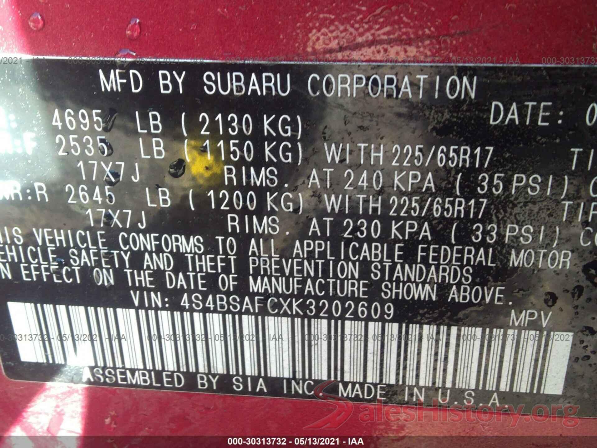 4S4BSAFCXK3202609 2019 SUBARU OUTBACK